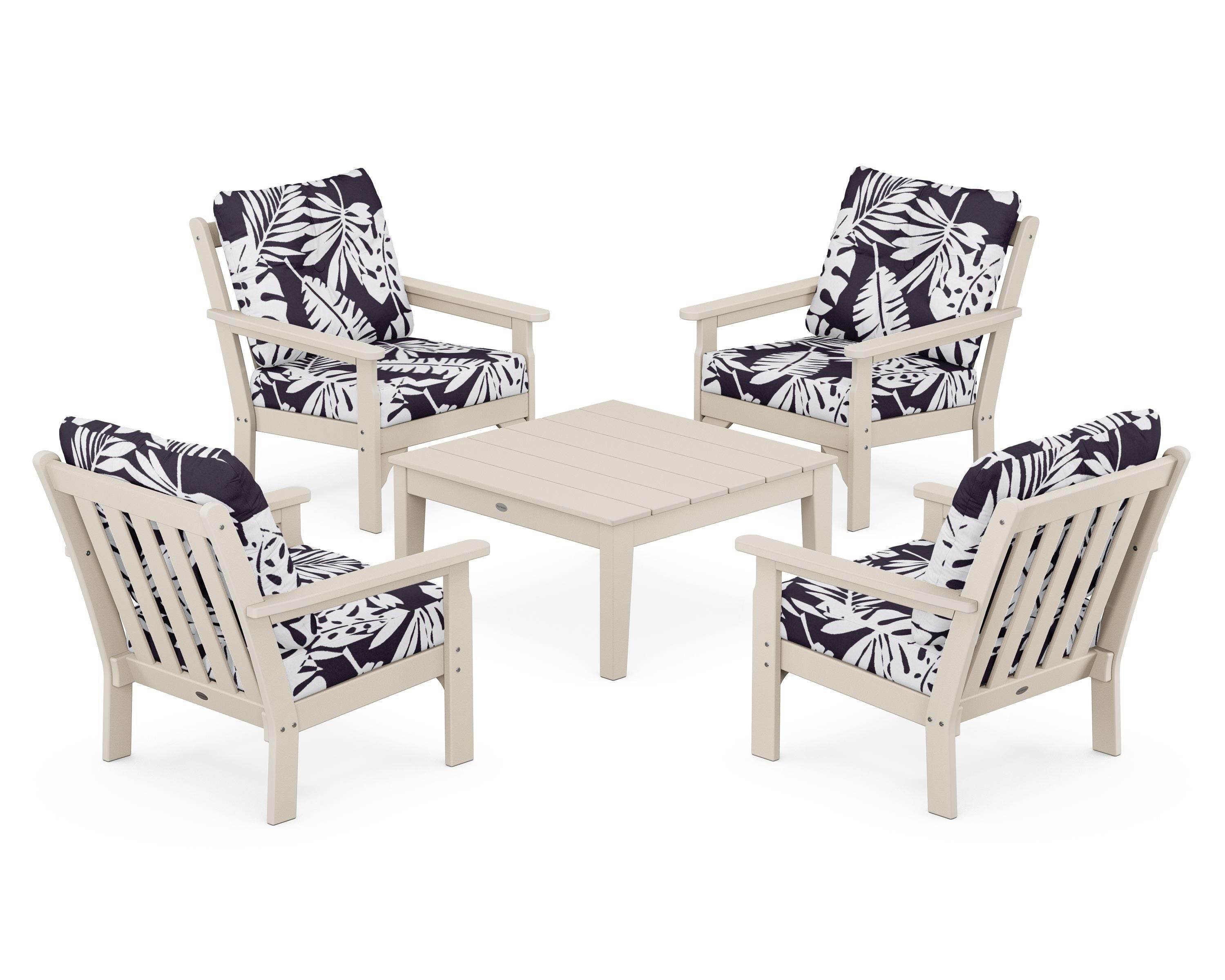 POLYWOOD® Vineyard 5-Piece Deep Seating Conversation Set in Sand / Leaf Navy