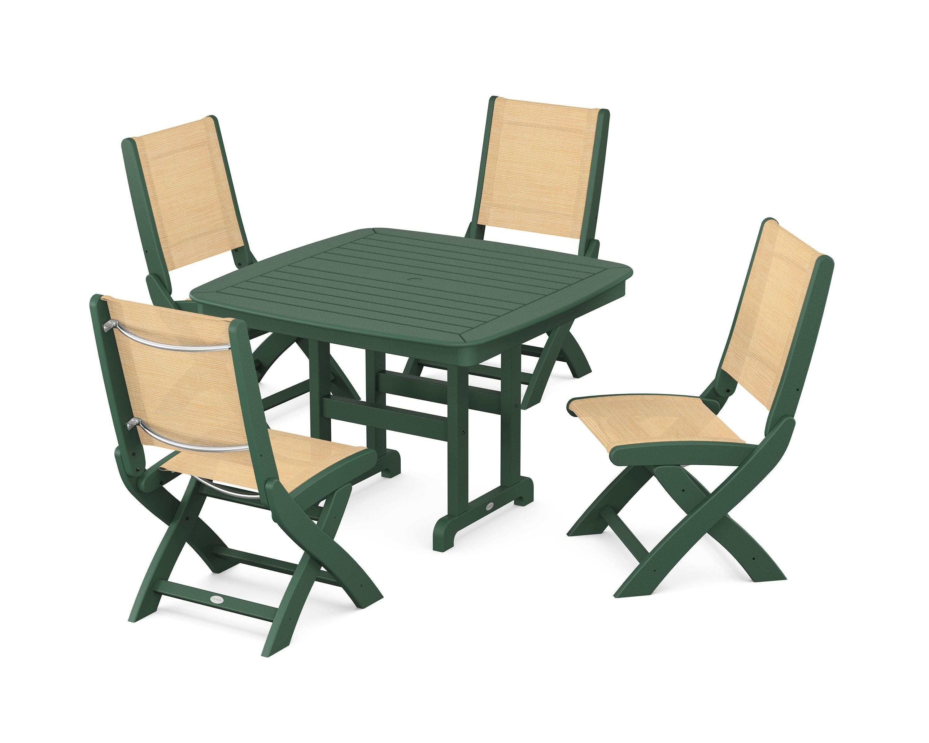 POLYWOOD® Coastal Folding Side Chair 5-Piece Dining Set in Green / Dupioni Apricot Sling