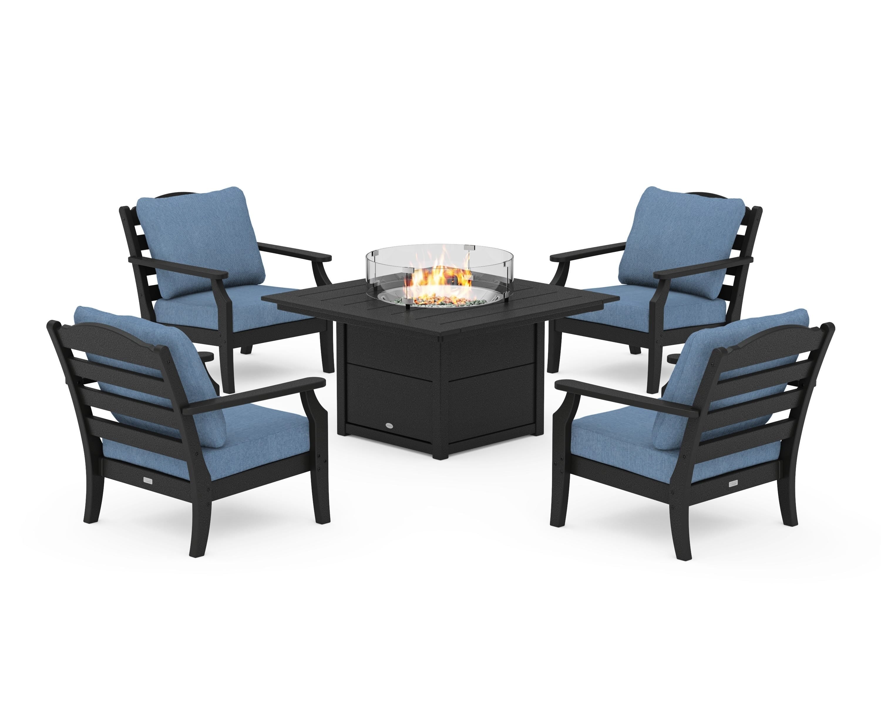 Draper James™ by POLYWOOD® Savannah 5-Piece Deep Seating Set with Fire Pit Table in Black / Sky Blue