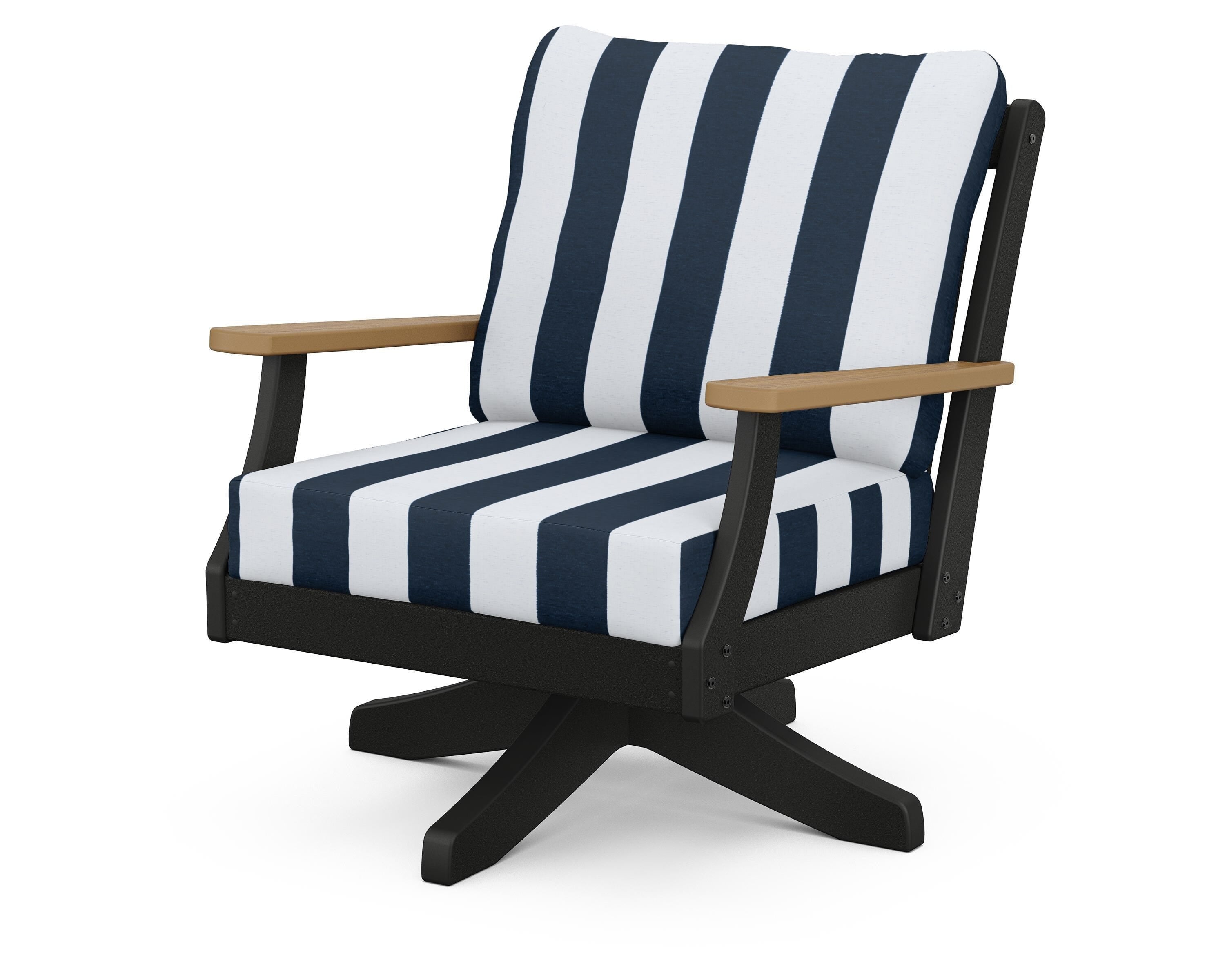 POLYWOOD® Braxton Deep Seating Swivel Chair in Black / Natural / Cabana Stripe Marine Indigo