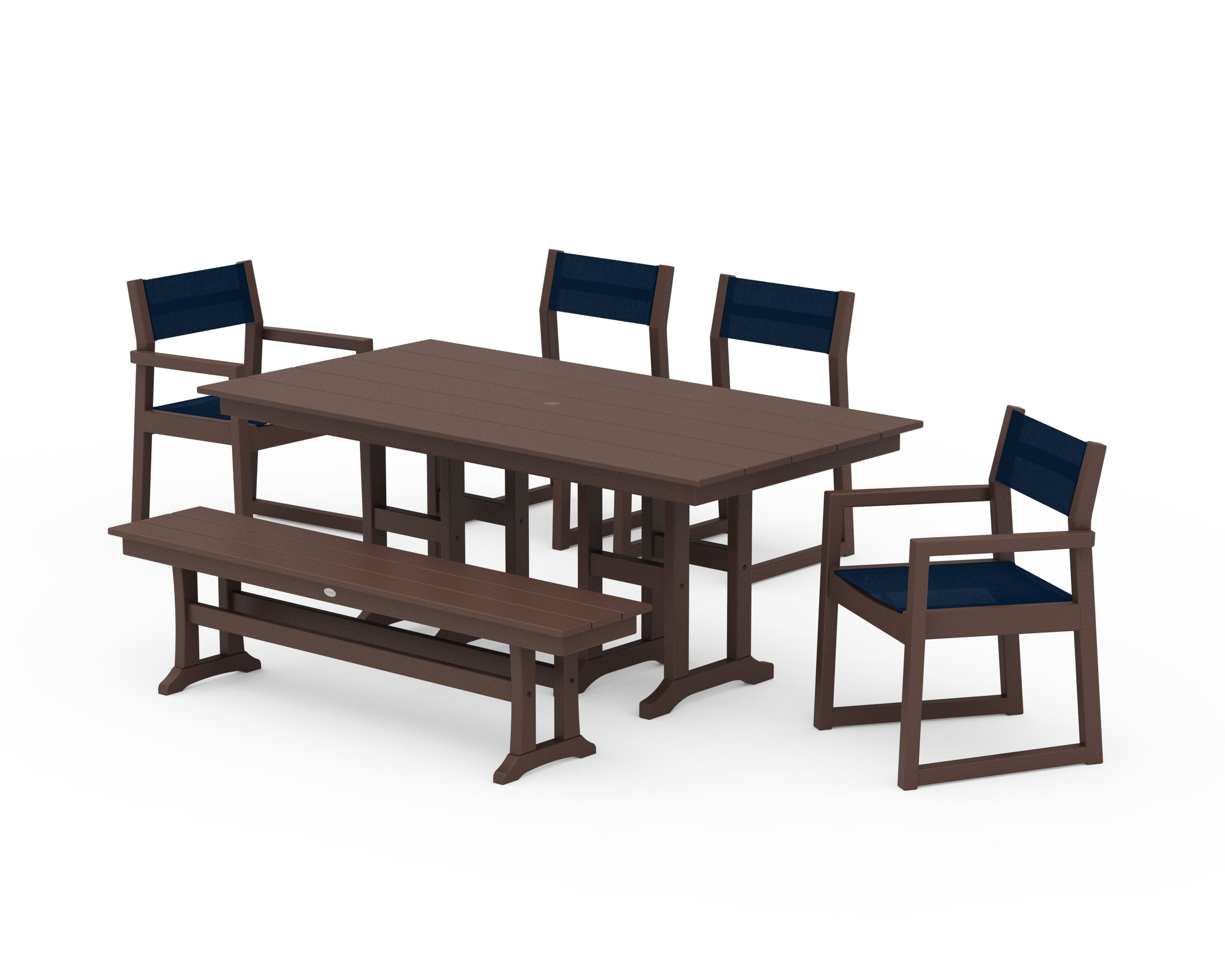 POLYWOOD® EDGE Sling 6-Piece Farmhouse Dining Set in Mahogany / Navy Blue Sling