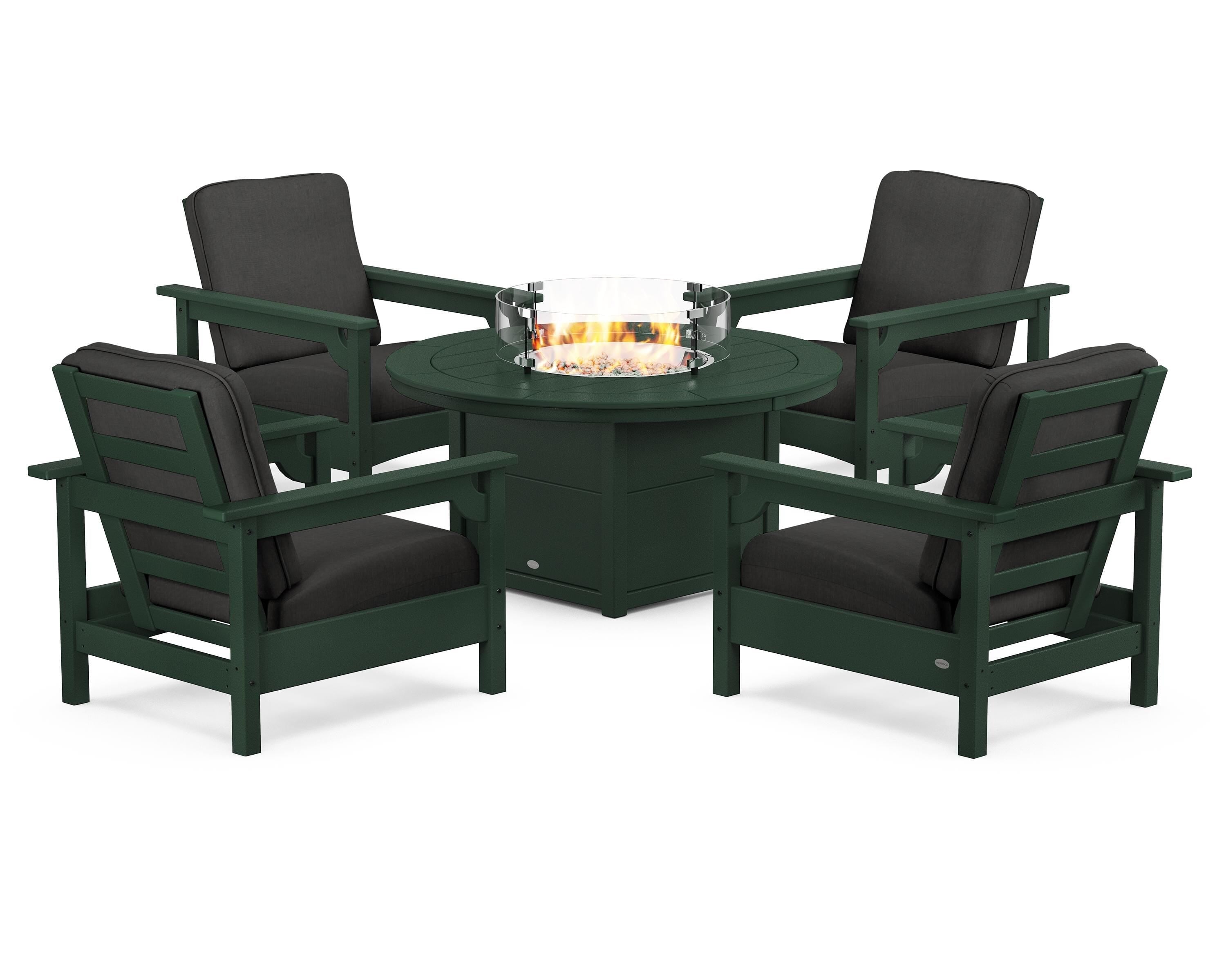POLYWOOD® Club 5-Piece Conversation Set with Fire Pit Table in Green / Spectrum Carbon