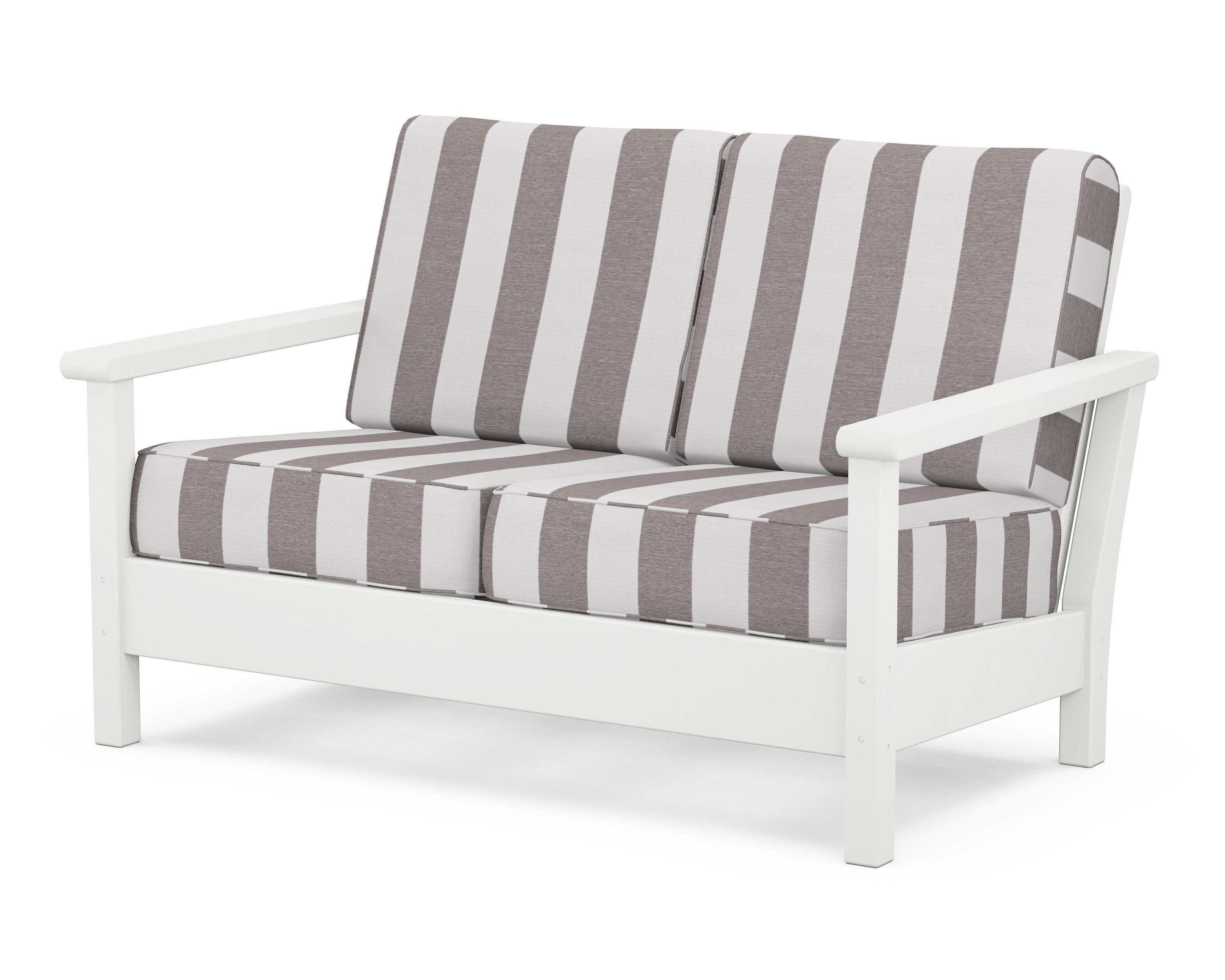 POLYWOOD® Harbour Deep Seating Loveseat in White / Cabana Stripe Grey Mist