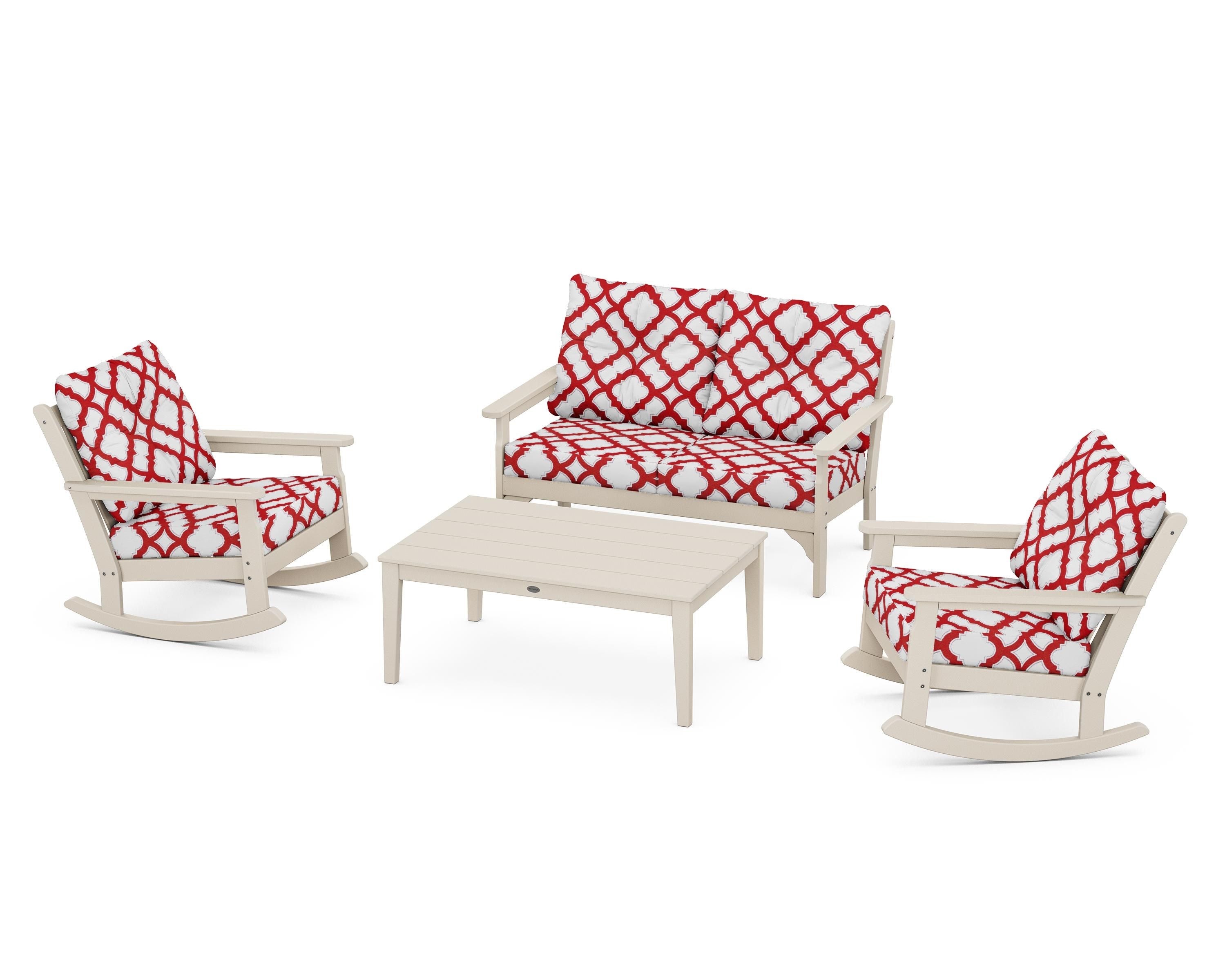 POLYWOOD® Vineyard 4-Piece Deep Seating Rocking Chair Set in Sand / Trellis Crimson