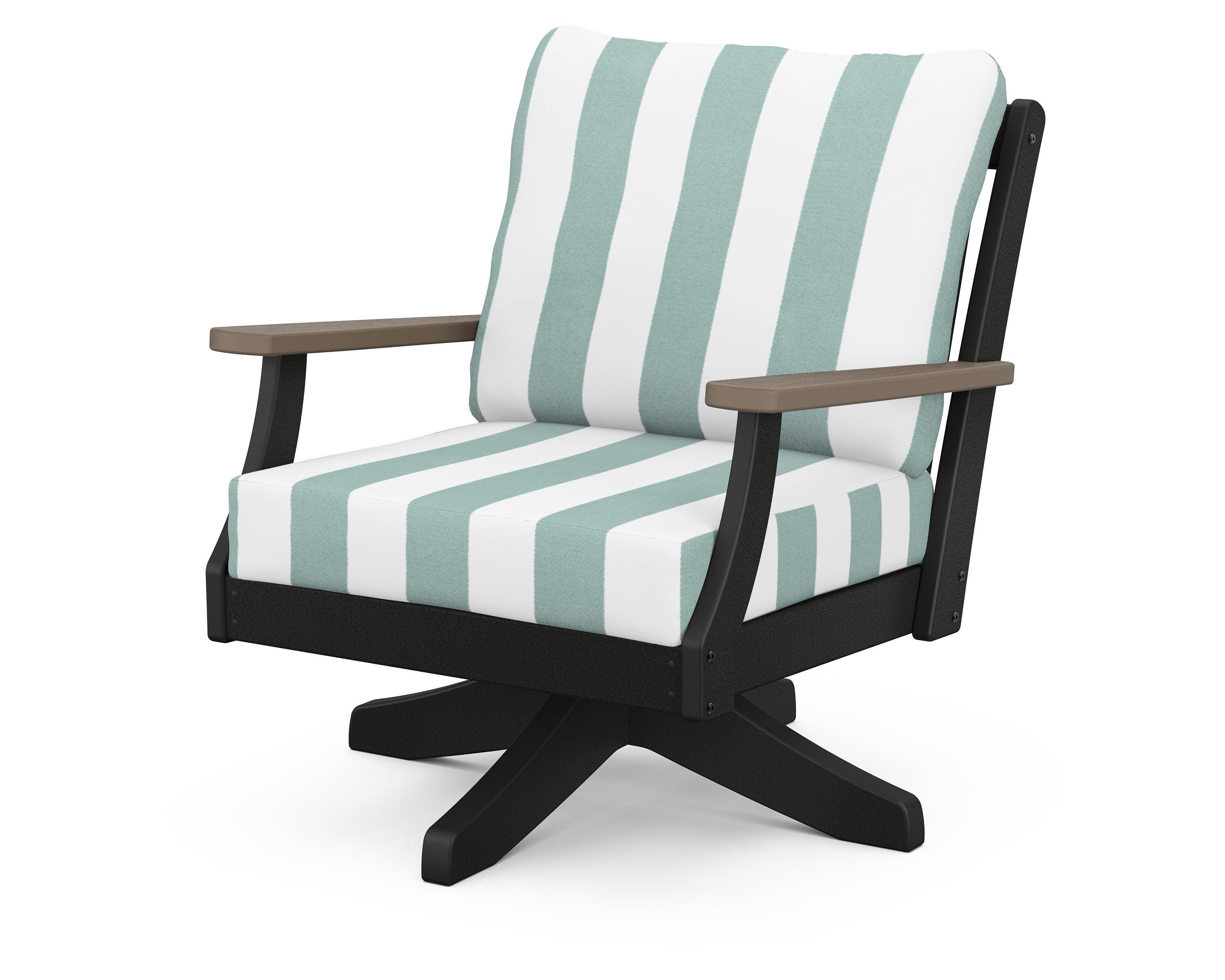 POLYWOOD® Braxton Deep Seating Swivel Chair in Black / Kona / Cabana Stripe Glacier Spa