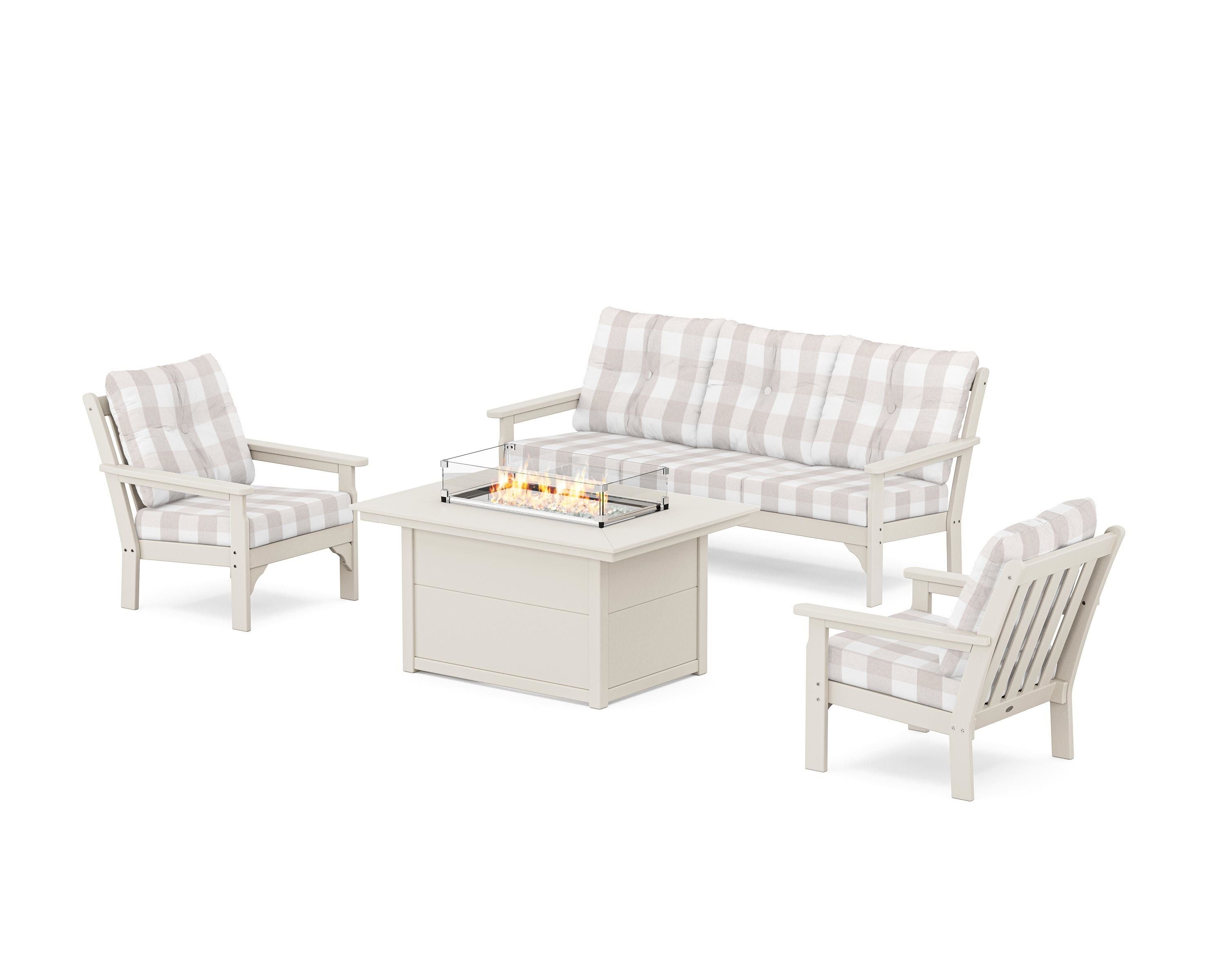 POLYWOOD® Vineyard Deep Seating Fire Pit Table Set in Sand / Buffalo Plaid Dune Burlap
