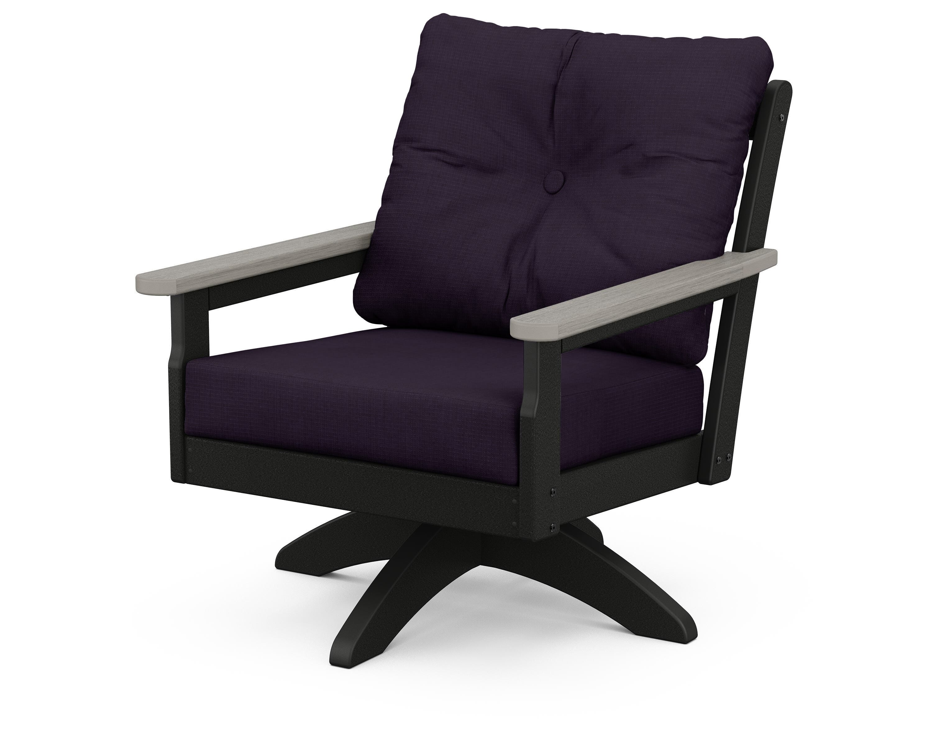 POLYWOOD® Vineyard Deep Seating Swivel Chair in Black / Driftwood / Navy Linen