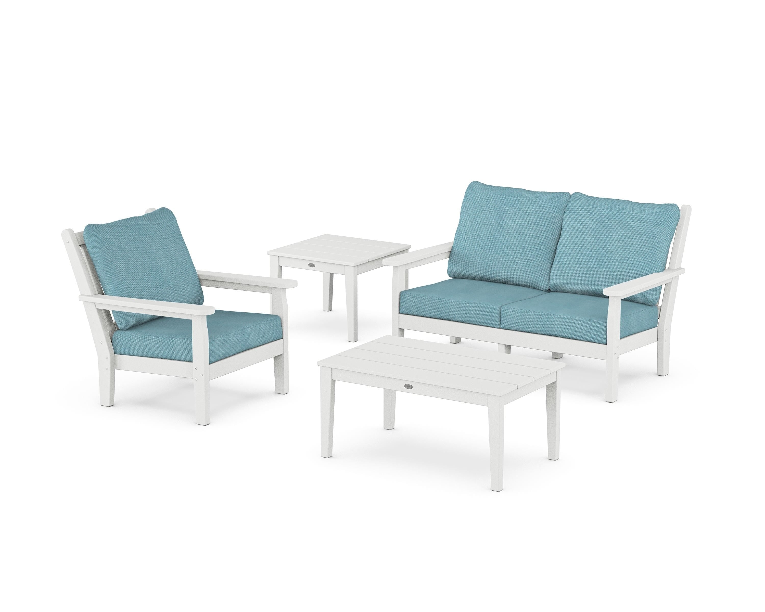 POLYWOOD® Chippendale 4-Piece Deep Seating Set in White / Lattice Sky Blue