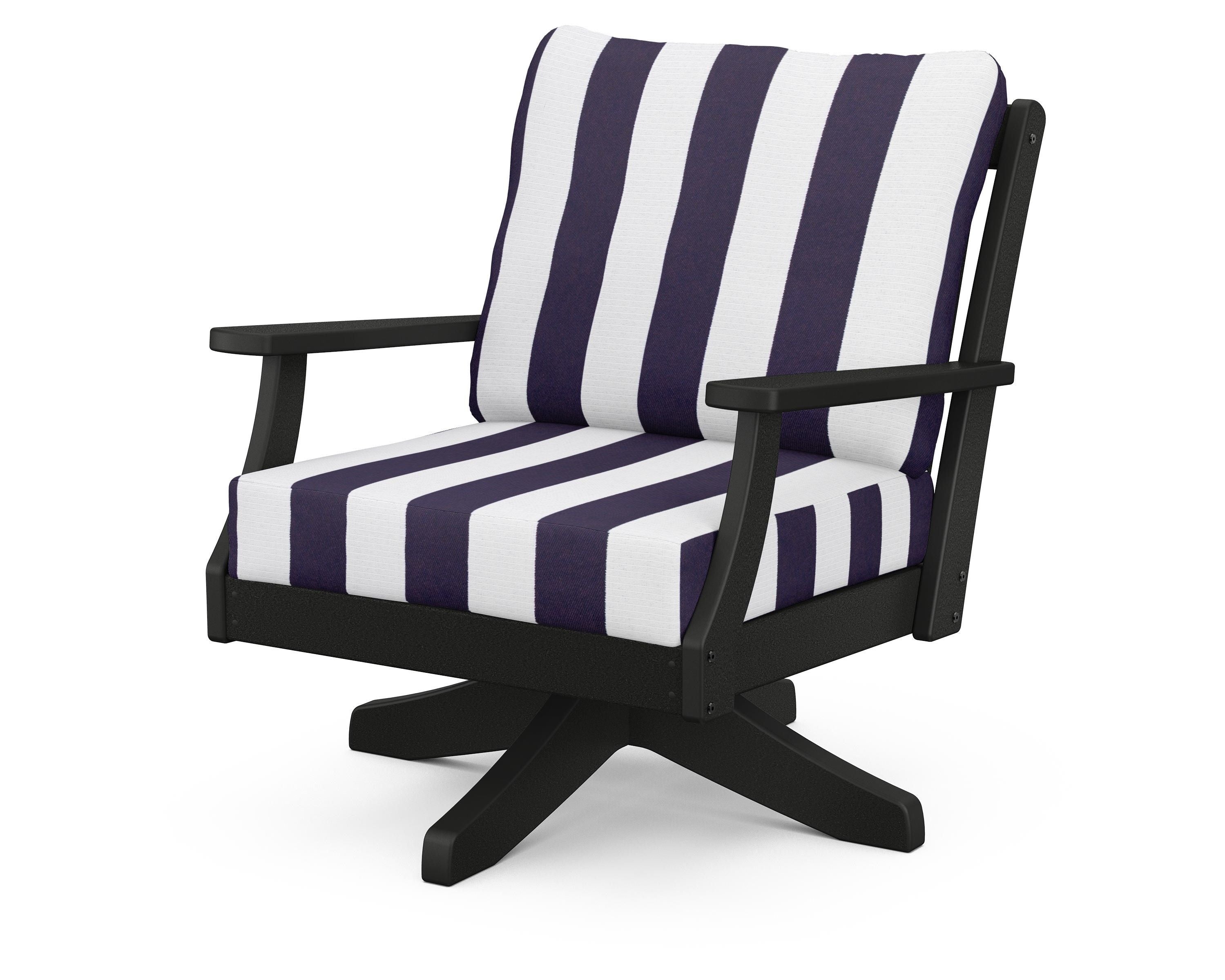 POLYWOOD® Braxton Deep Seating Swivel Chair in Black / Cabana Stripe Navy