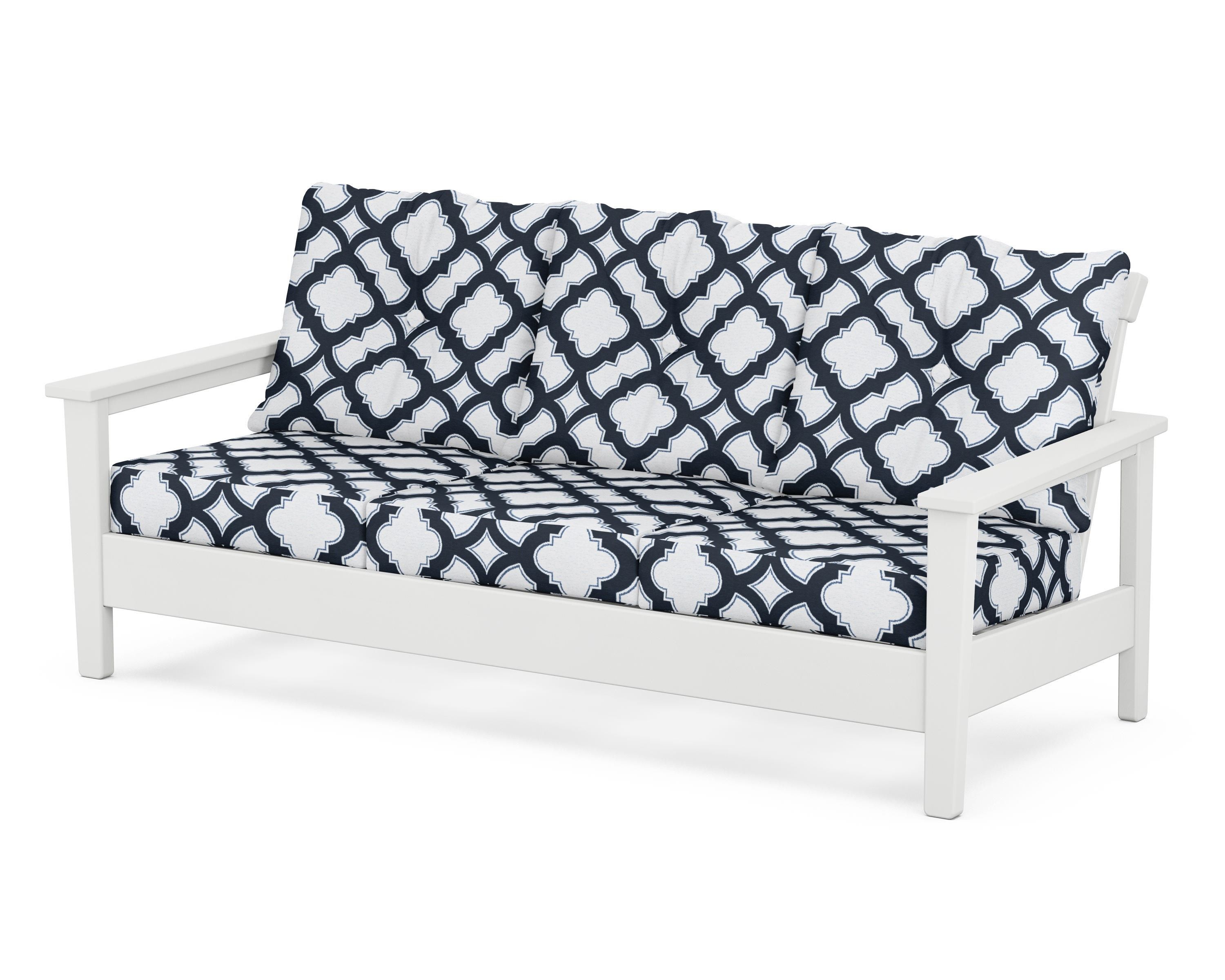 POLYWOOD® Prescott Deep Seating Sofa in White / Trellis Marine Indigo