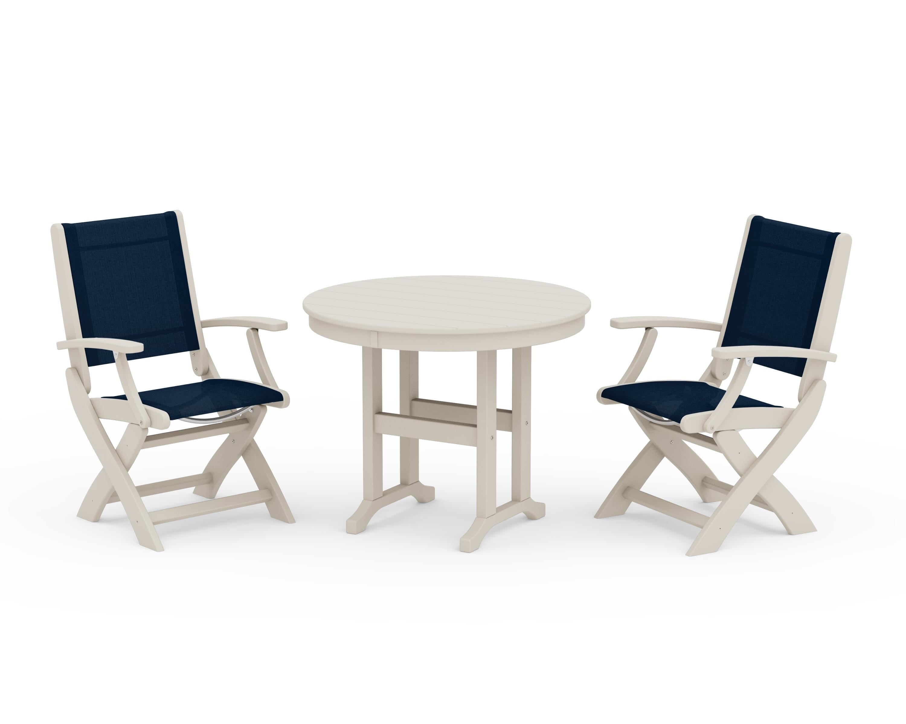 POLYWOOD® Coastal Folding Chair 3-Piece Round Dining Set in Sand / Navy Blue Sling