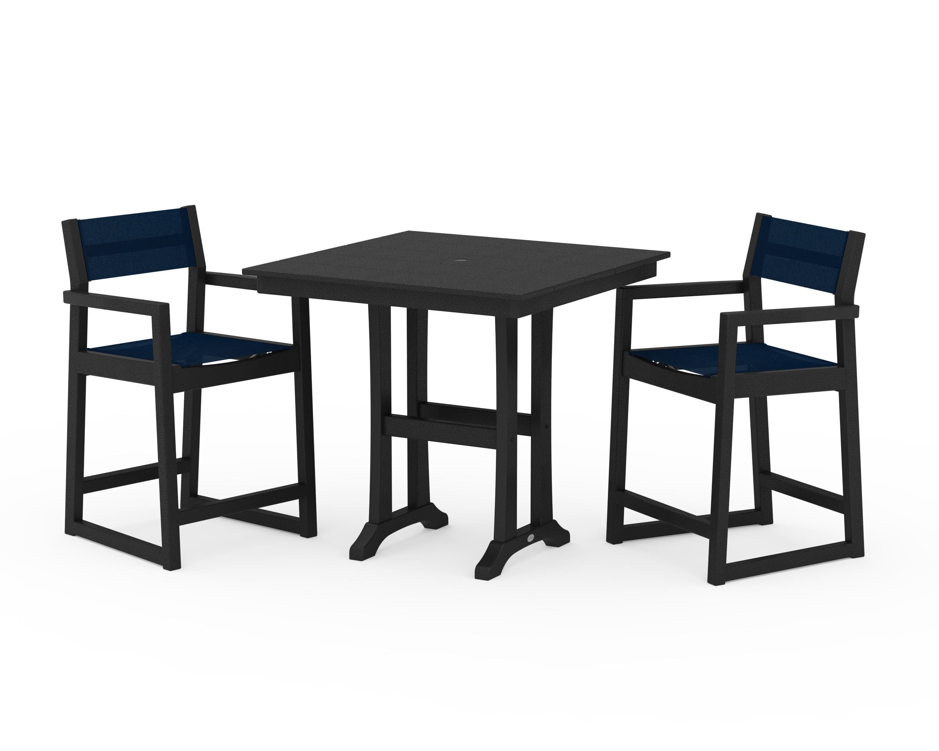 POLYWOOD® EDGE Sling Arm Chair 3-Piece Farmhouse Counter Set with Trestle Legs in Black / Navy Blue Sling