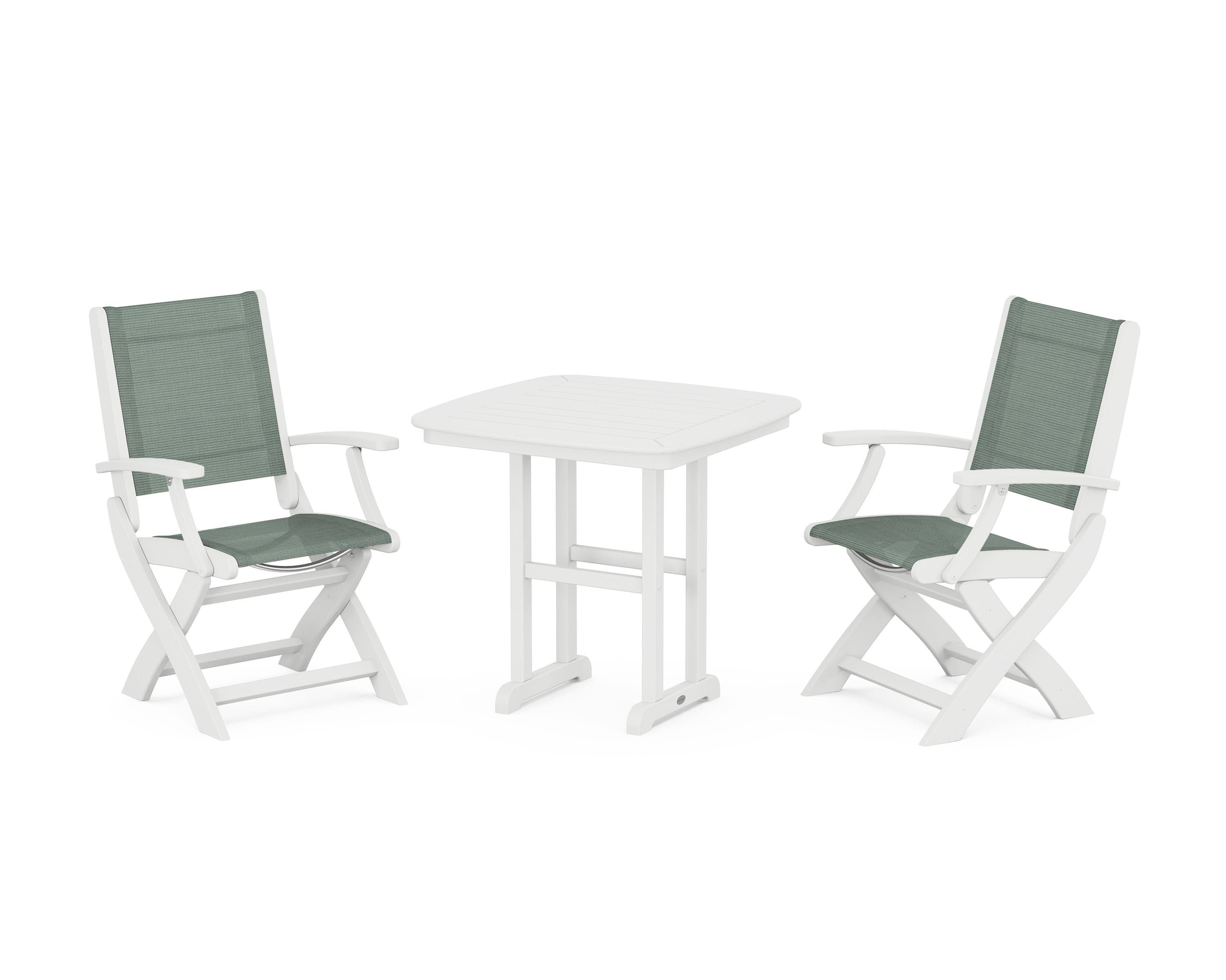 POLYWOOD® Coastal Folding Chair 3-Piece Dining Set in White / Dupioni Sea Mist Sling