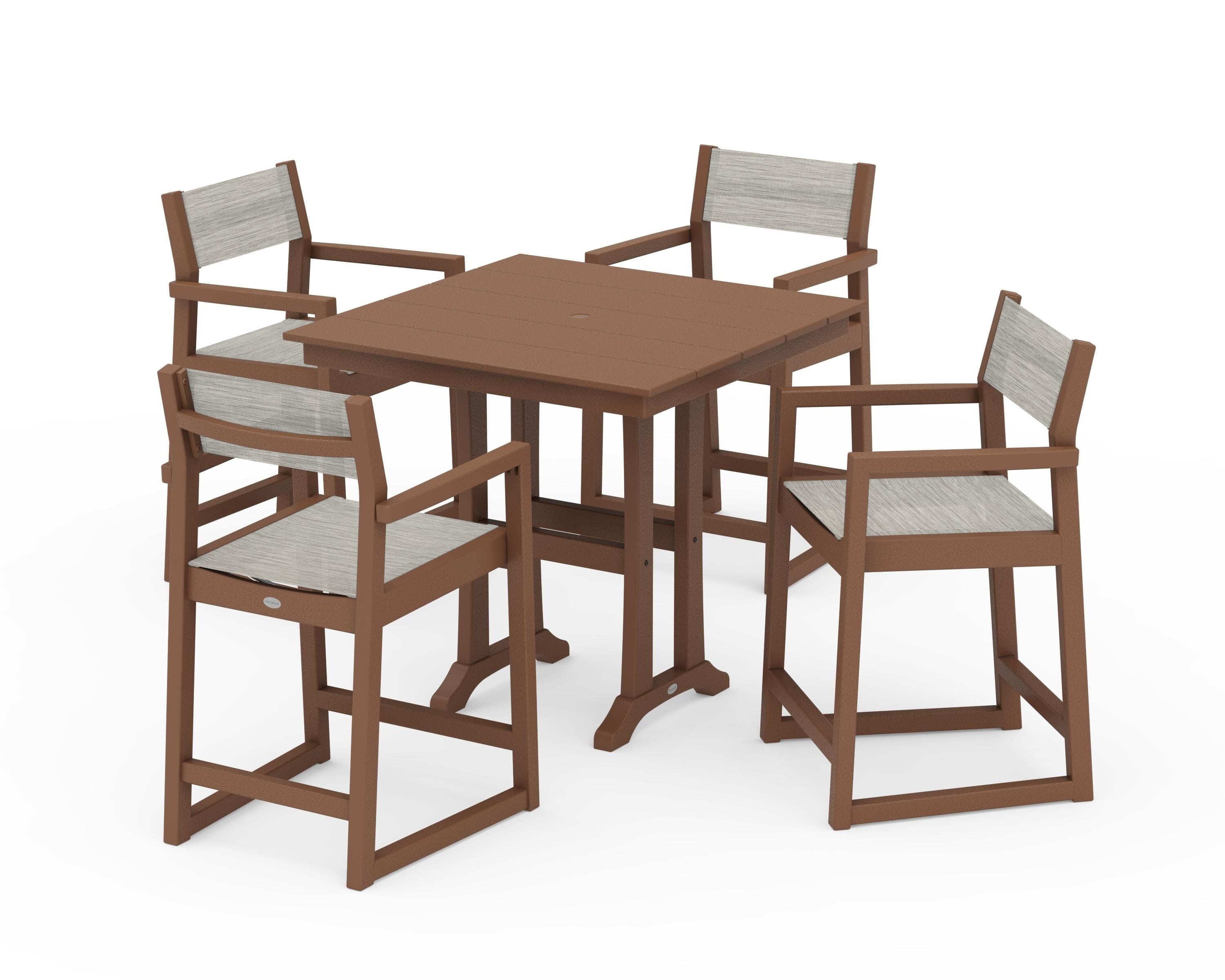 POLYWOOD® EDGE Sling Arm Chair 5-Piece Farmhouse Counter Set with Trestle Legs in Teak / Birch Sling
