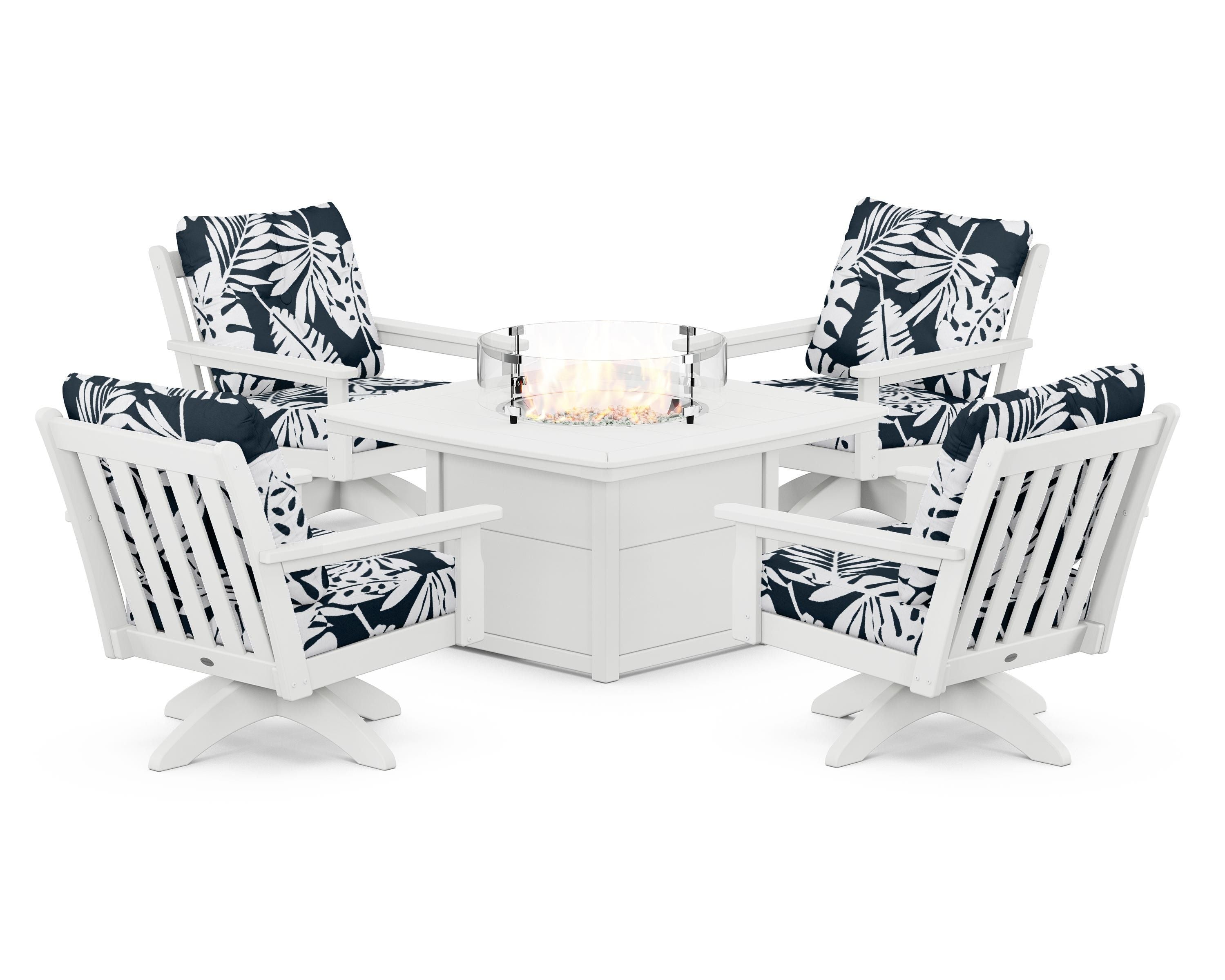 POLYWOOD® Vineyard 5-Piece Deep Seating Swivel Conversation Set with Fire Pit Table in White / Leaf Marine Indigo