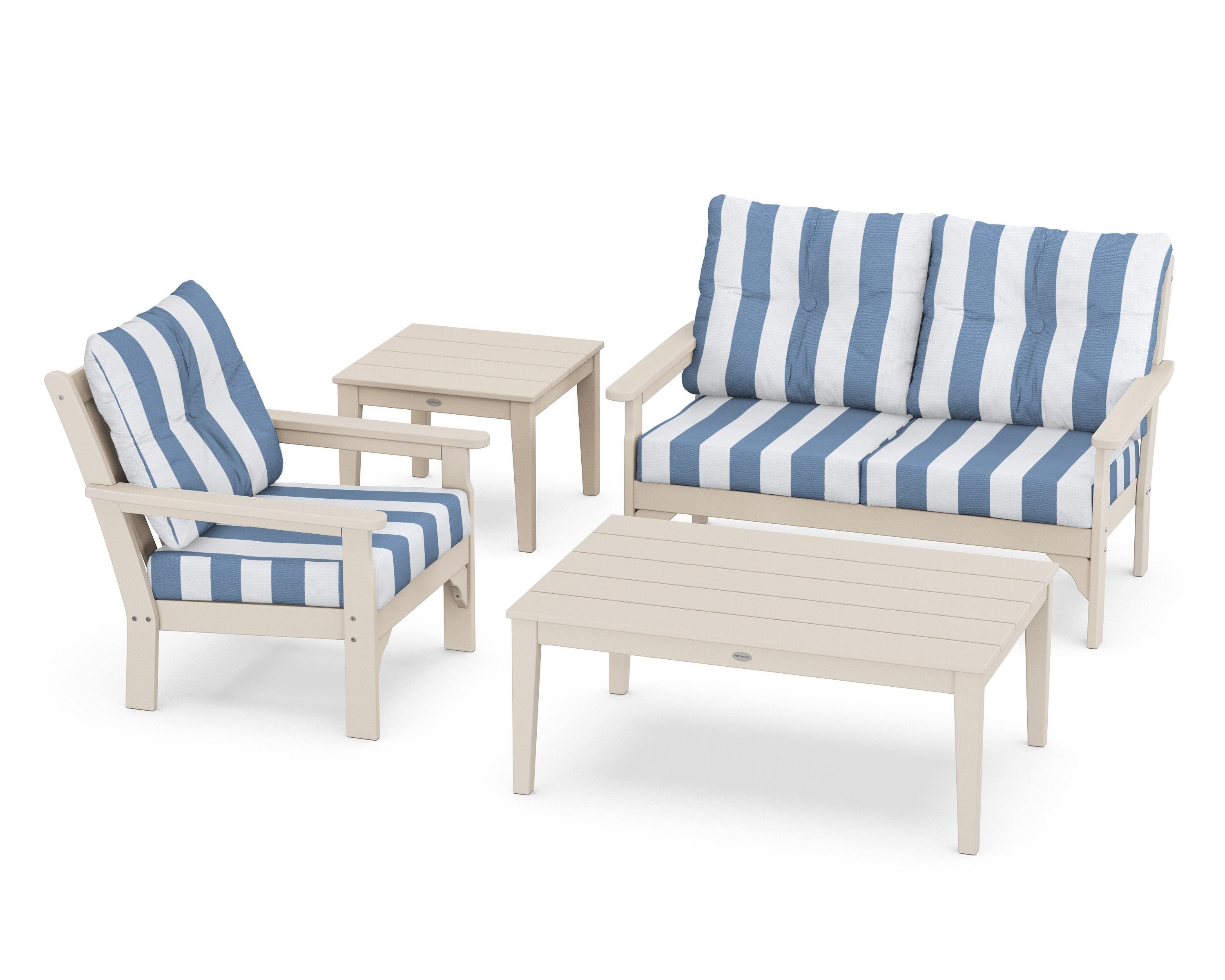 POLYWOOD® Vineyard 4-Piece Deep Seating Set in Sand / Cabana Stripe Sky Blue