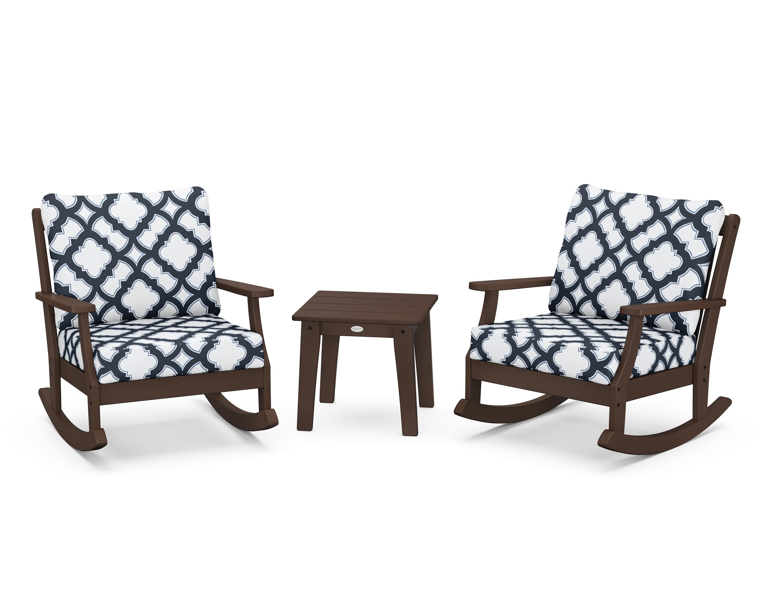 POLYWOOD® Braxton 3-Piece Deep Seating Rocker Set in Mahogany / Trellis Marine Indigo