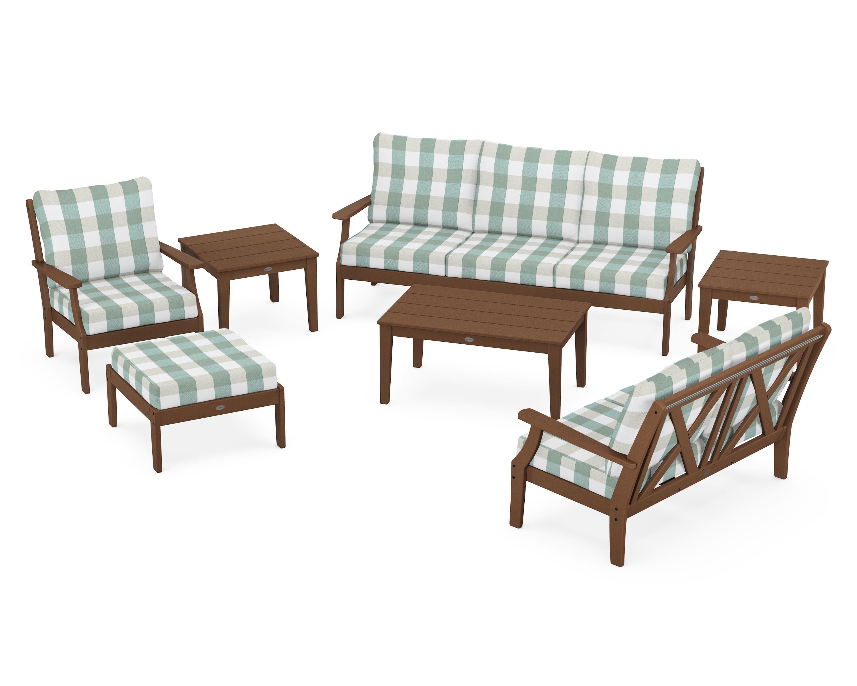 POLYWOOD® Braxton 7-Piece Deep Seating Set in Teak / Buffalo Plaid Glacier Spa