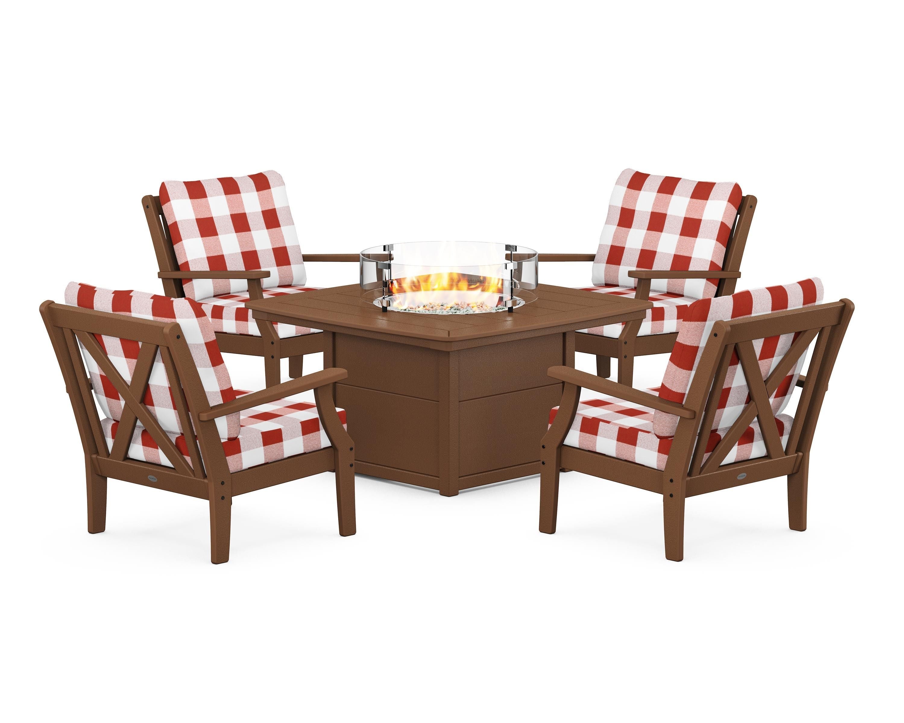 POLYWOOD® Braxton 5-Piece Deep Seating Conversation Set with Fire Pit Table in Teak / Buffalo Plaid Crimson