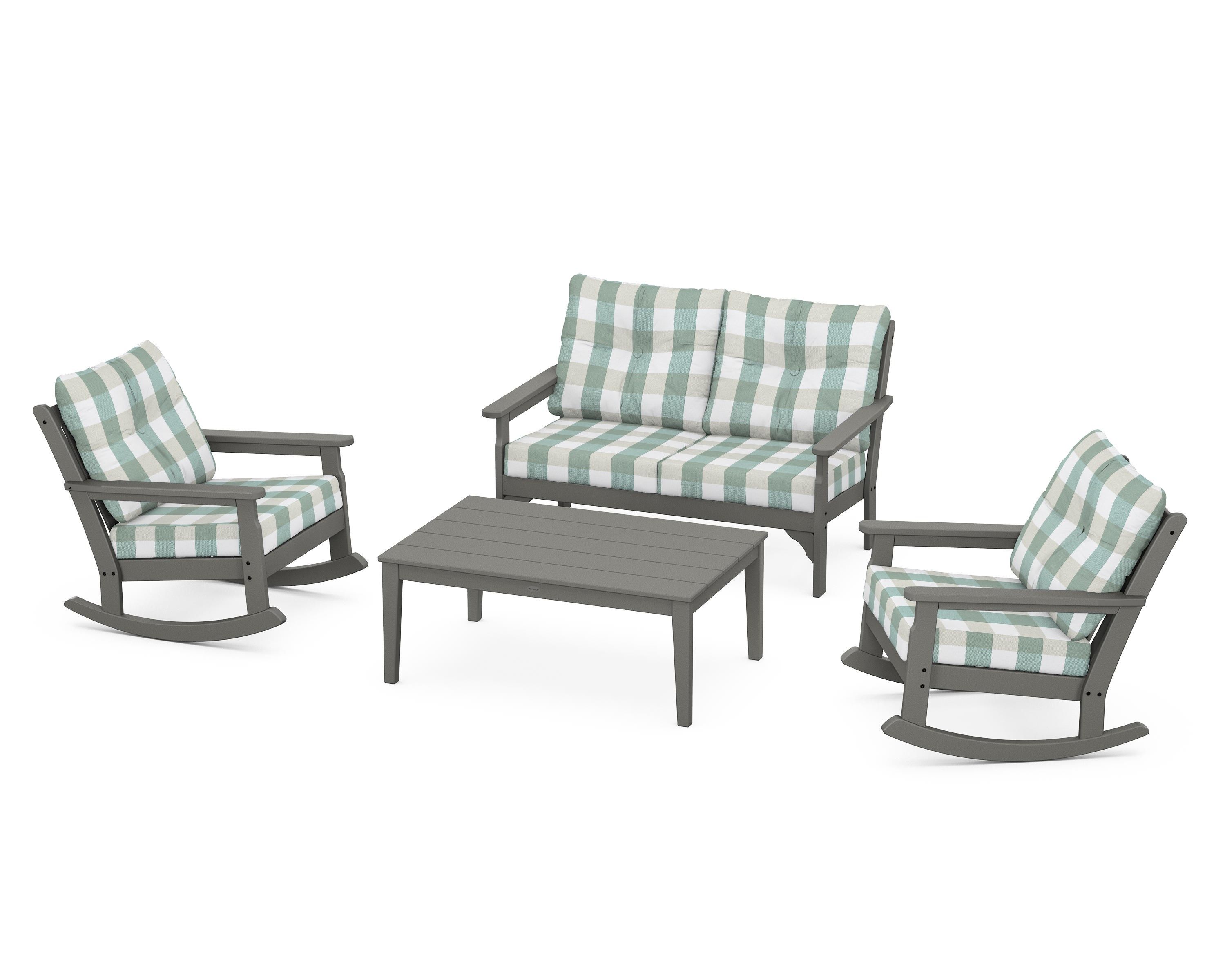 POLYWOOD® Vineyard 4-Piece Deep Seating Rocking Chair Set in Slate Grey / Buffalo Plaid Glacier Spa