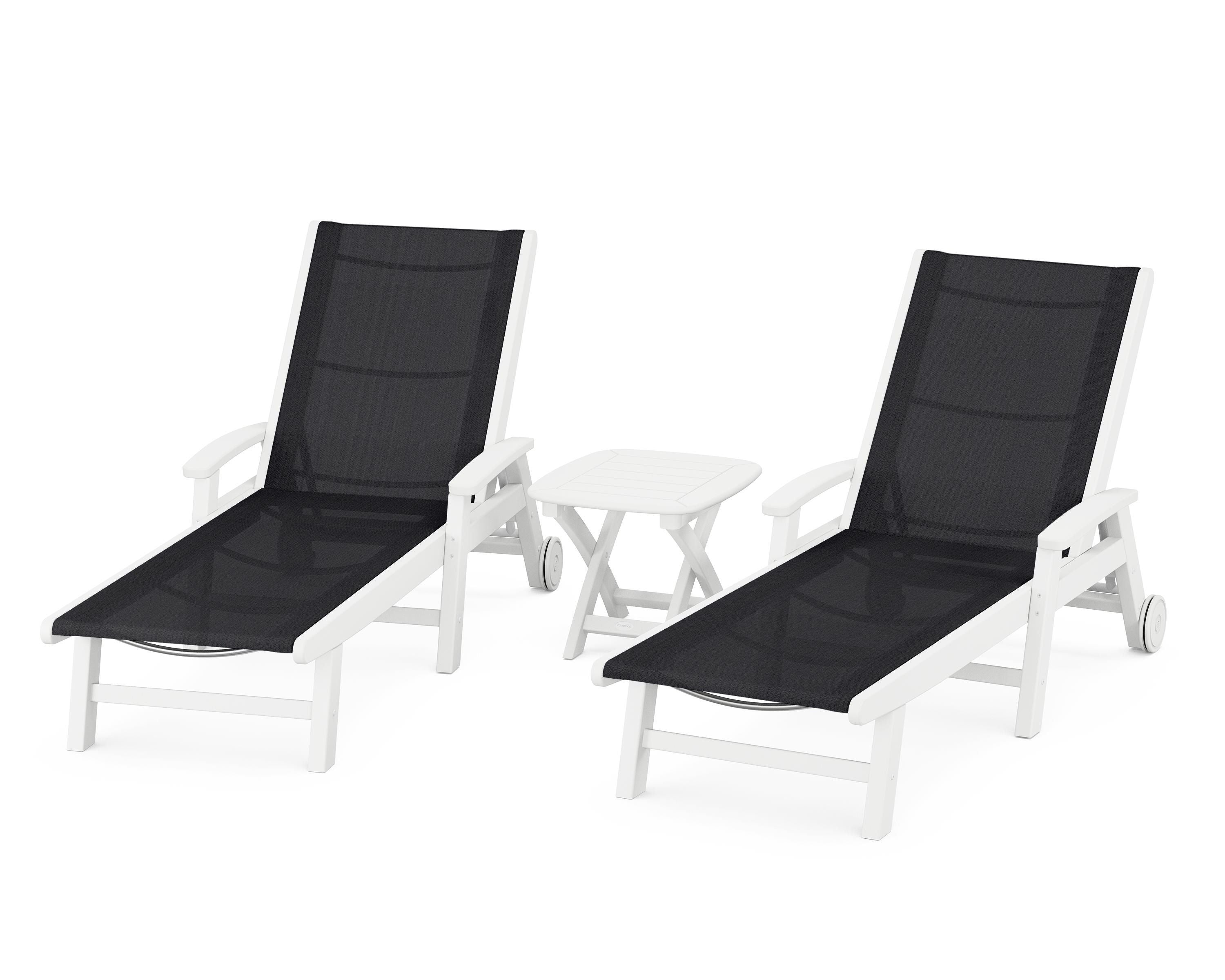 POLYWOOD® Coastal 3-Piece Wheeled Chaise Set in White / Black Sling