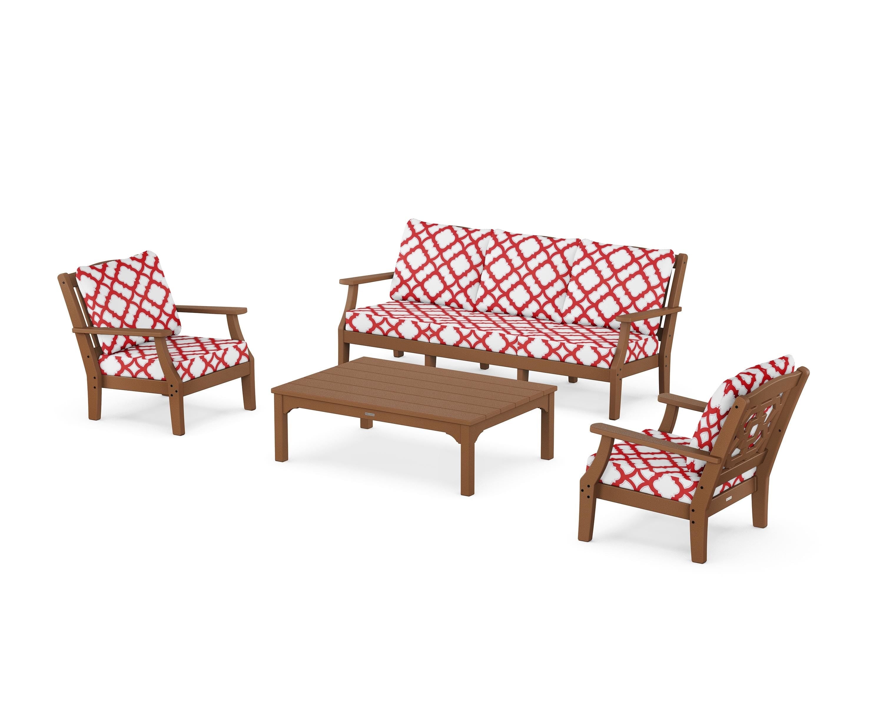 Martha Stewart by POLYWOOD® Chinoiserie 4-Piece Deep Seating Set with Sofa in Teak / Trellis Crimson