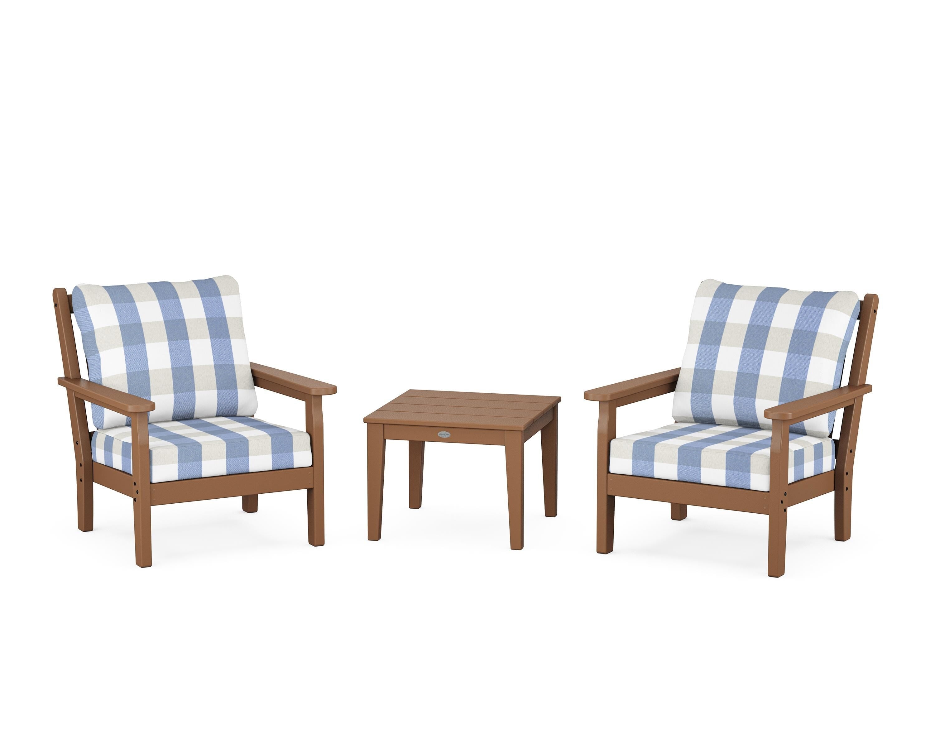 POLYWOOD® Chippendale 3-Piece Deep Seating Set in Teak / Buffalo Plaid Sky Blue