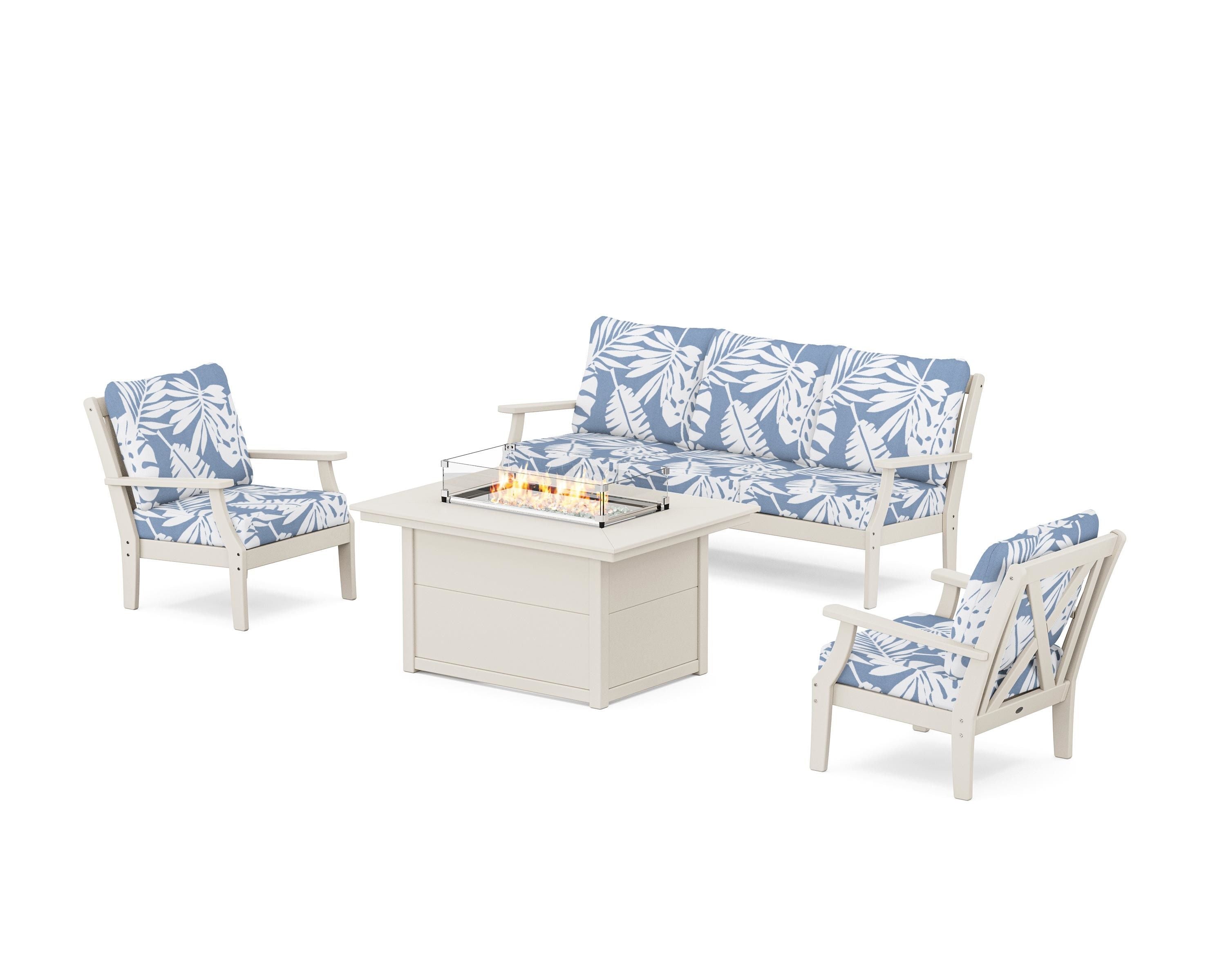 POLYWOOD® Braxton Deep Seating Fire Pit Table Set in Sand / Leaf Sky Blue