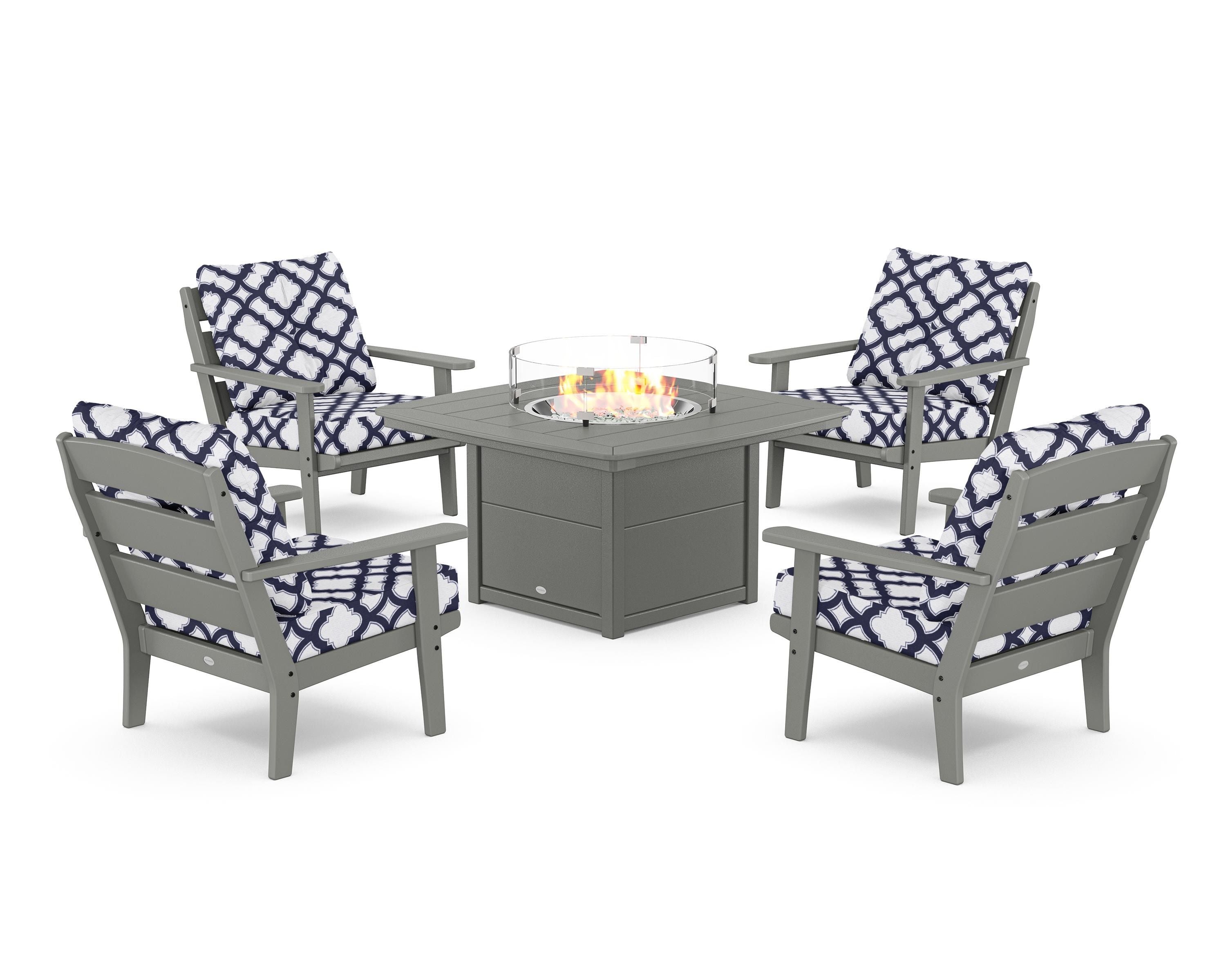 POLYWOOD® Lakeside 5-Piece Deep Seating Set with Nautical Fire Pit Table in Slate Grey / Trellis Navy