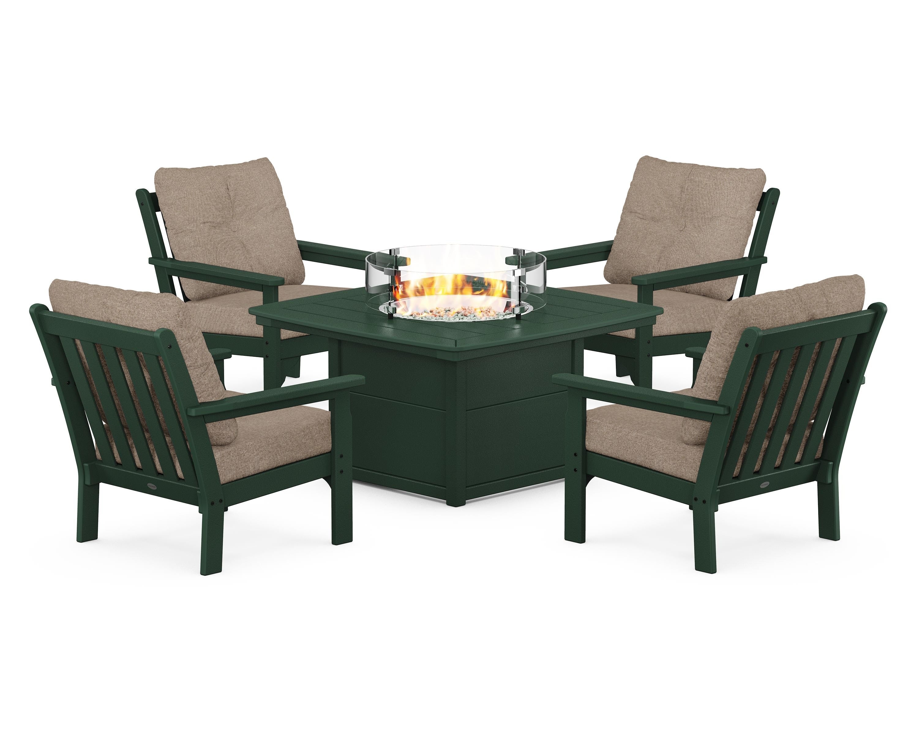 POLYWOOD® Vineyard 5-Piece Conversation Set with Fire Pit Table in Green / Spiced Burlap
