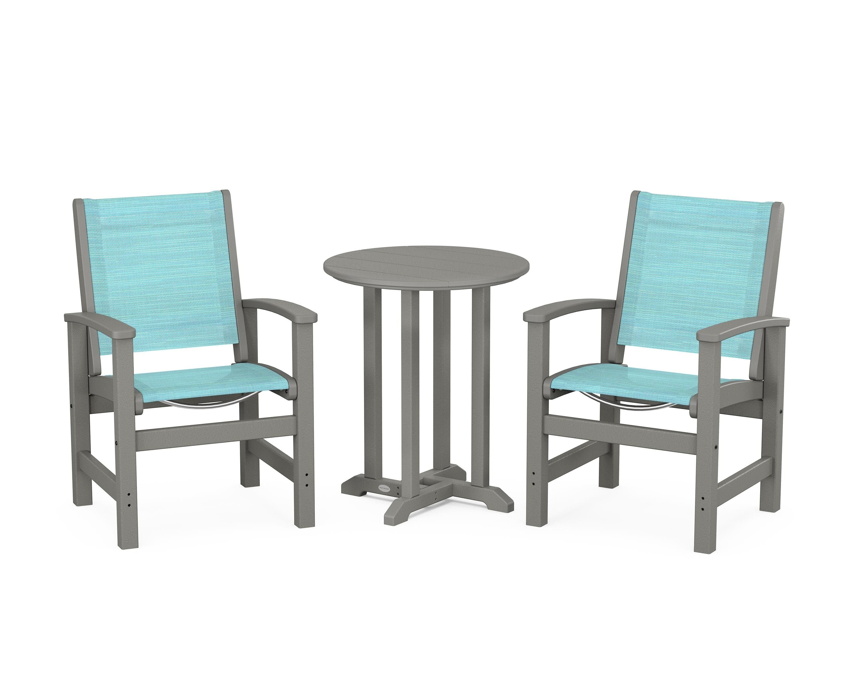 POLYWOOD® Coastal 3-Piece Round Bistro Dining Set in Slate Grey / Dupioni Aquamarine Sling