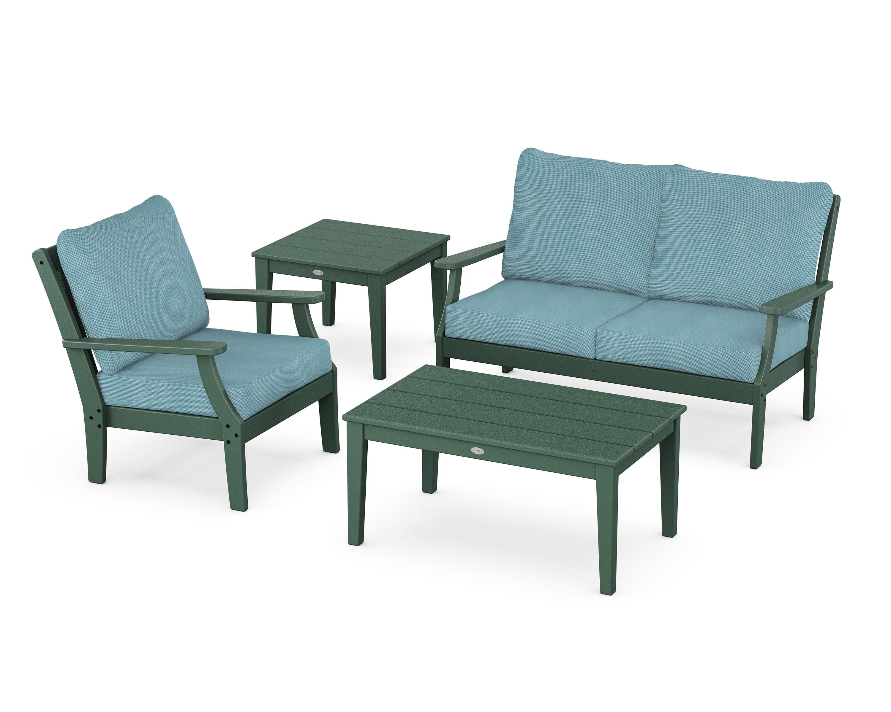 POLYWOOD® Braxton 4-Piece Deep Seating Set in Green / Lattice Sky Blue