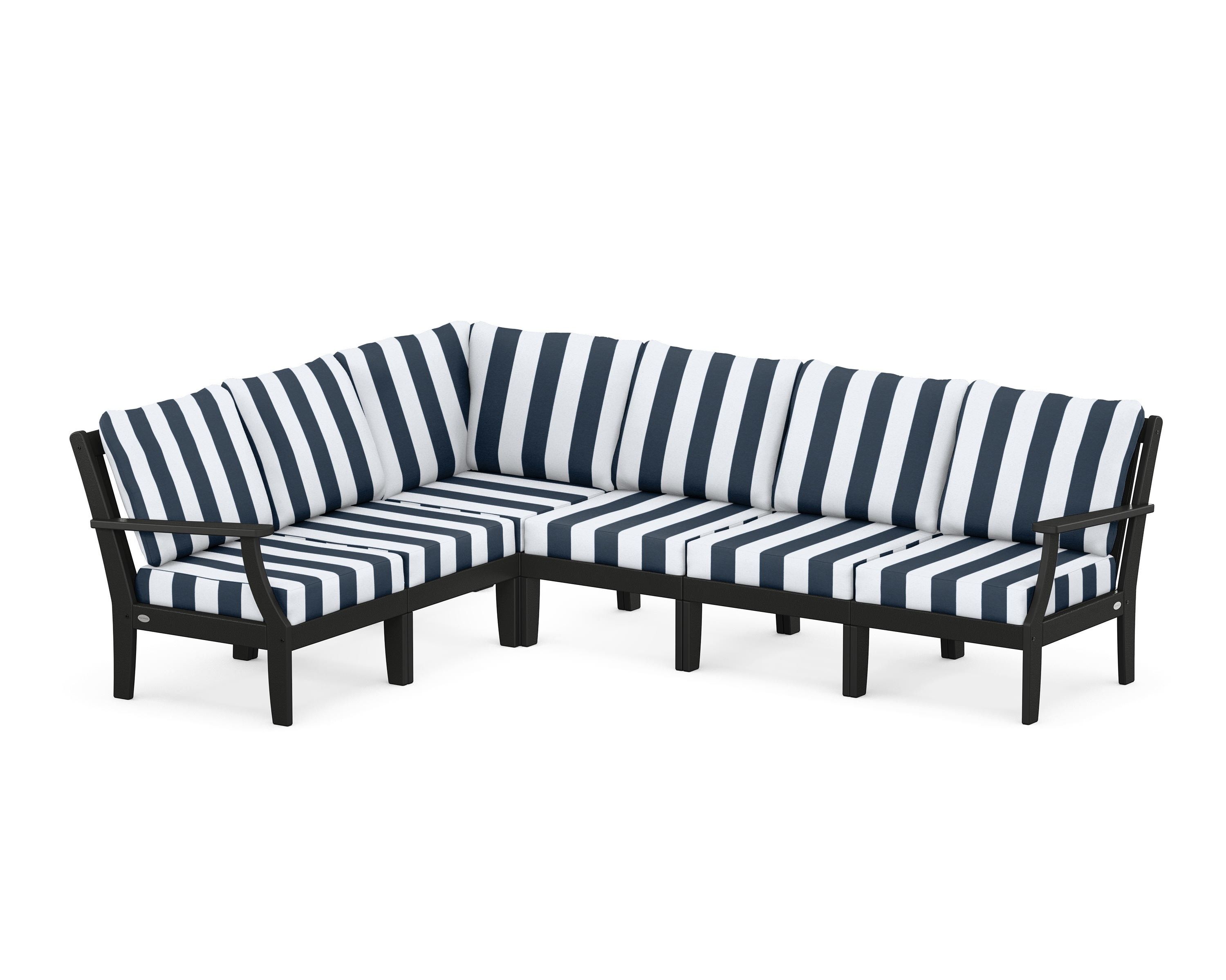 POLYWOOD® Braxton Modular 6-Piece Deep Seating Set in Black / Cabana Stripe Marine Indigo