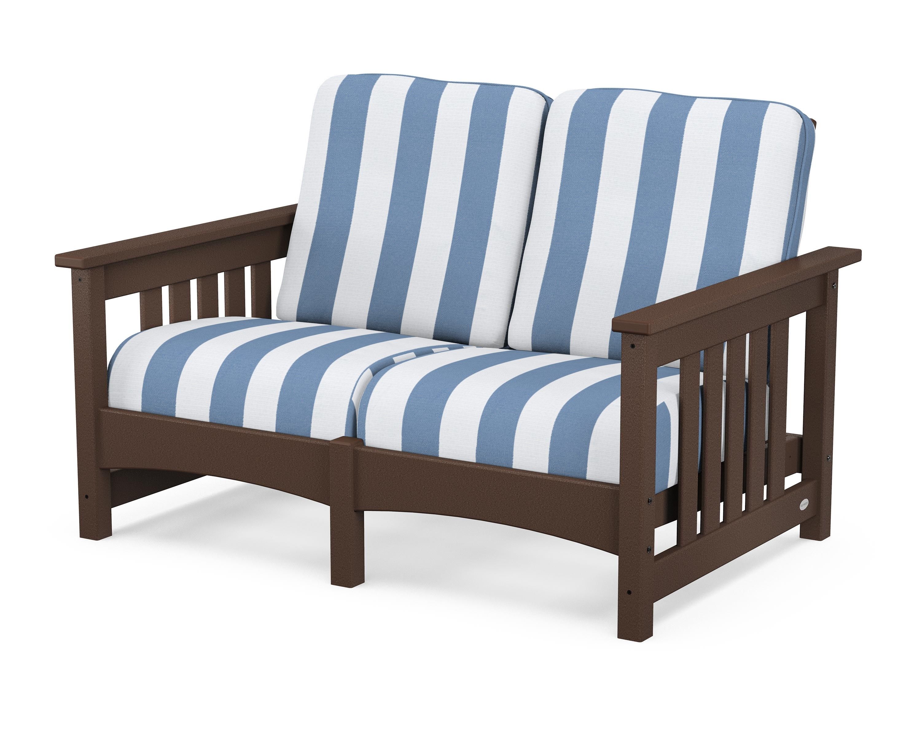 POLYWOOD® Club Mission Loveseat in Mahogany / Cabana Stripe Sky Blue