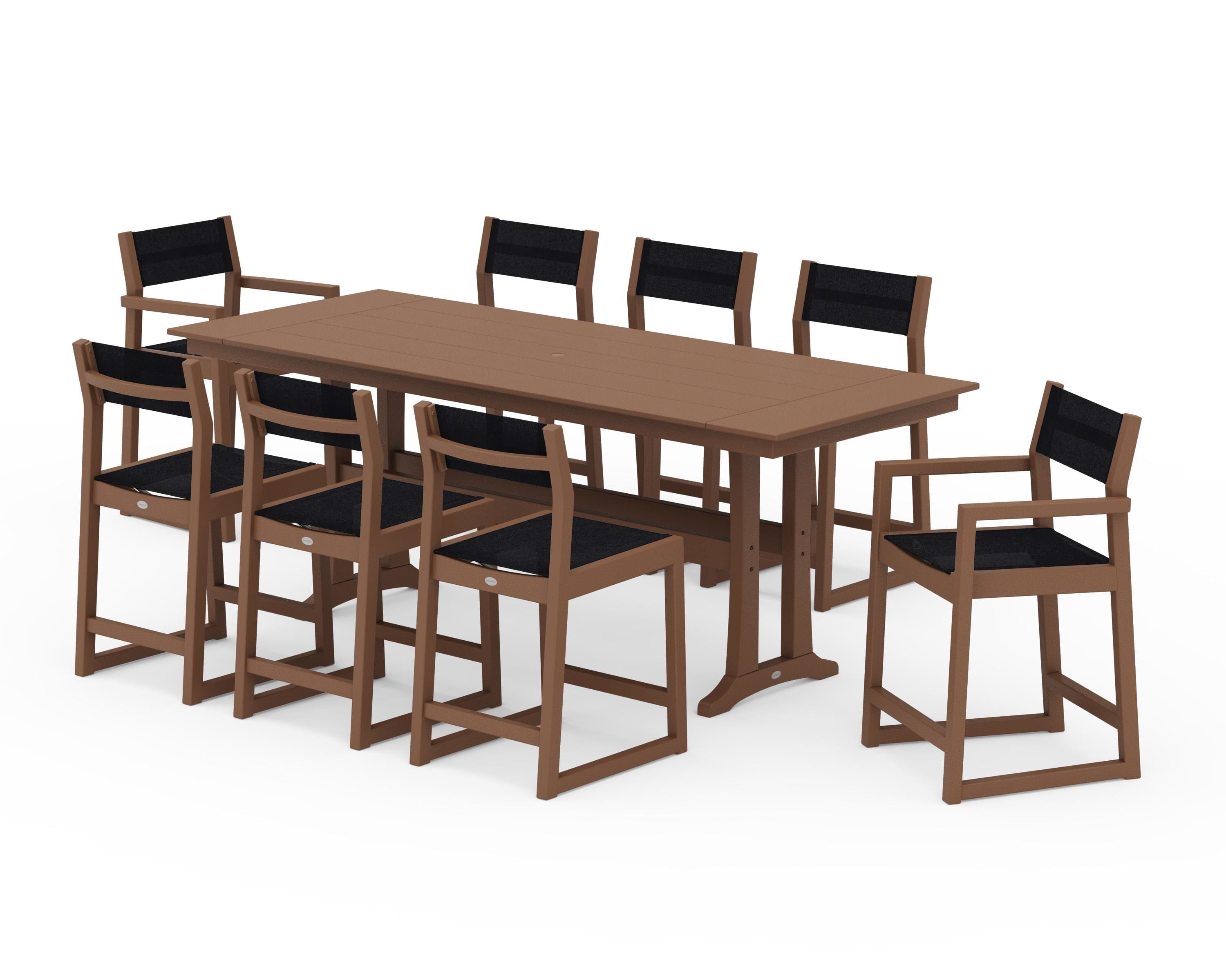 POLYWOOD® EDGE Sling 9-Piece Farmhouse Counter Set with Trestle Legs in Teak / Black Sling