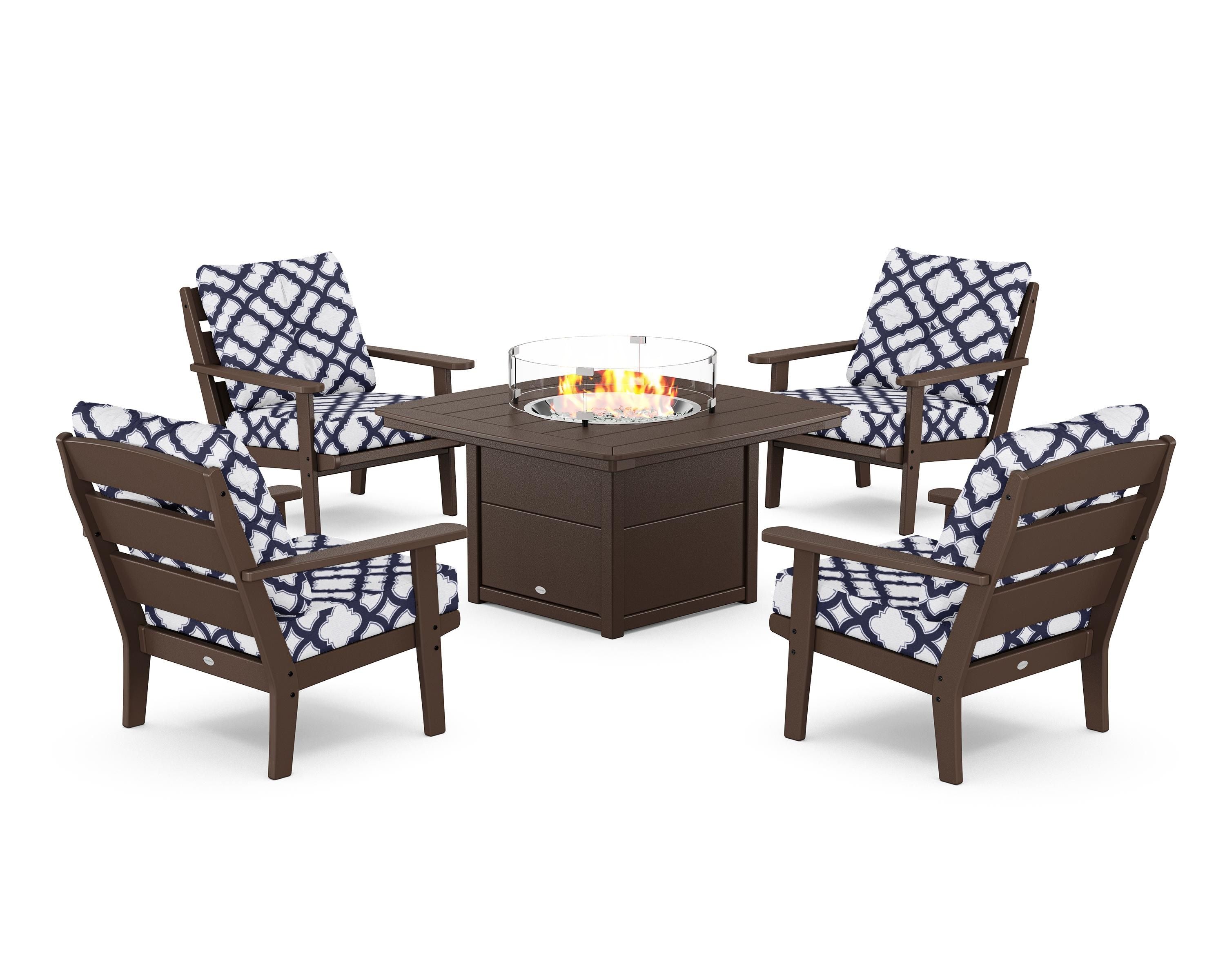 POLYWOOD® Lakeside 5-Piece Deep Seating Set with Nautical Fire Pit Table in Mahogany / Trellis Navy
