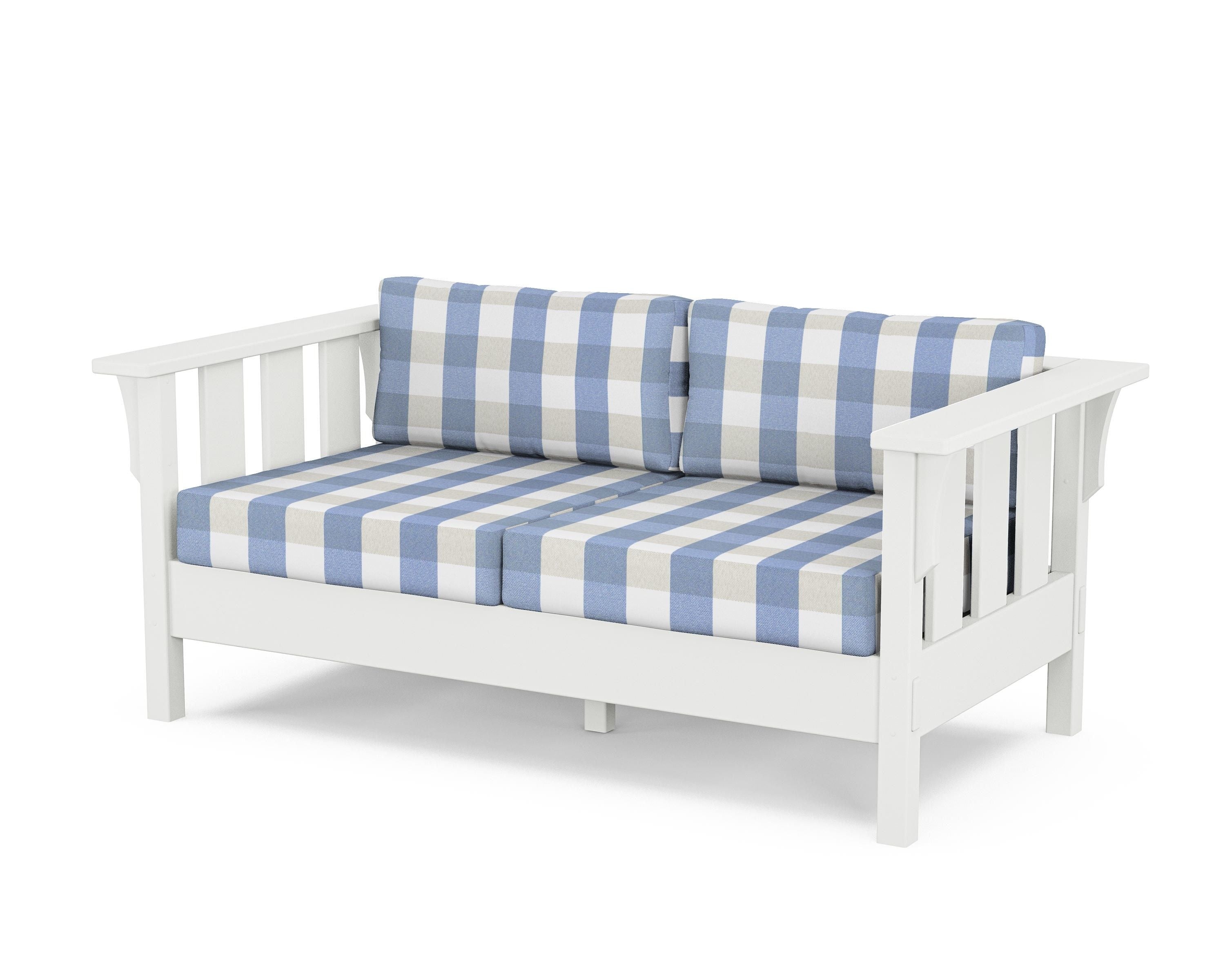 Martha Stewart by POLYWOOD® Acadia Deep Seating Loveseat in White / Buffalo Plaid Sky Blue