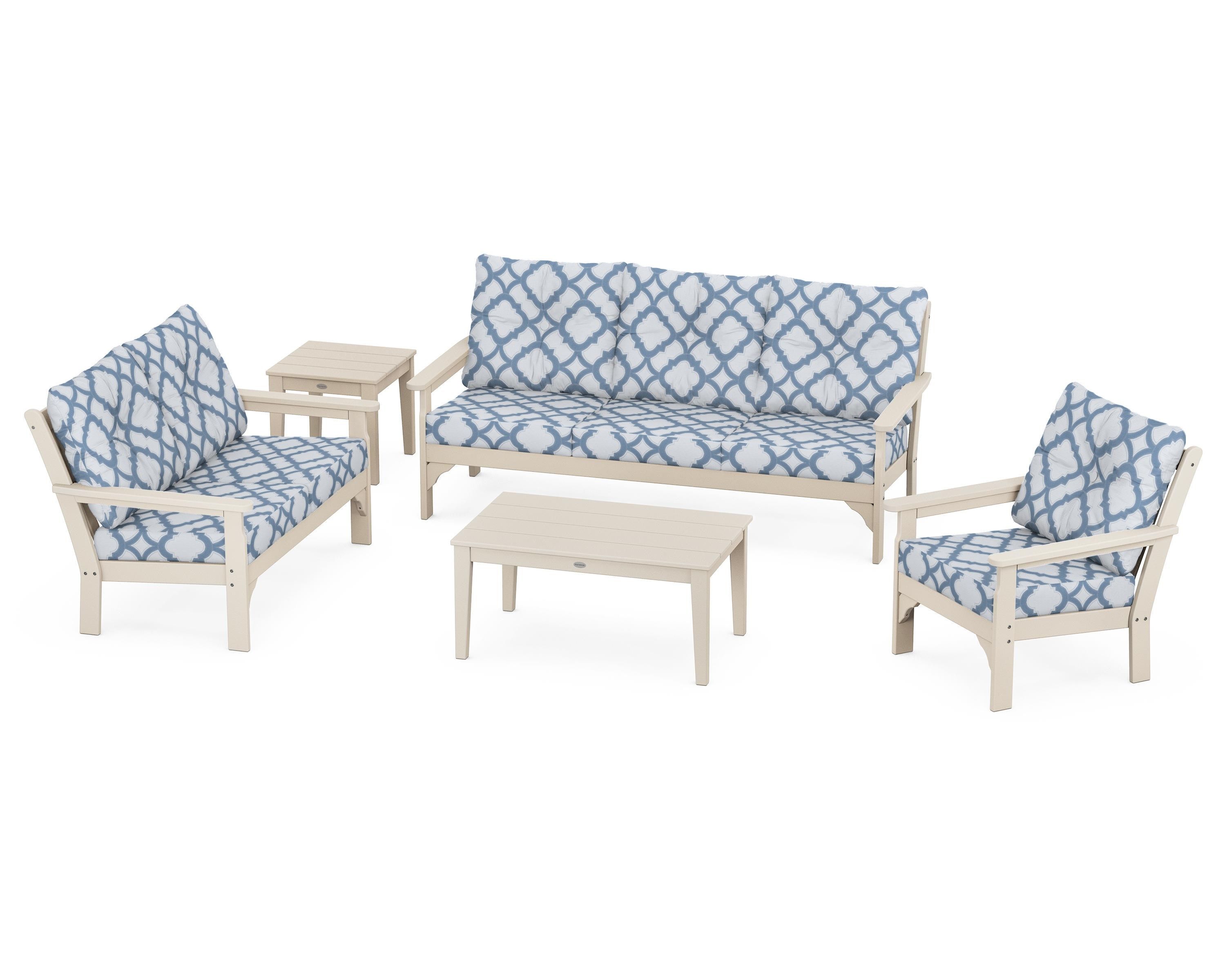 POLYWOOD® Vineyard 5 Piece Deep Seating Set in Sand / Trellis Sky Blue