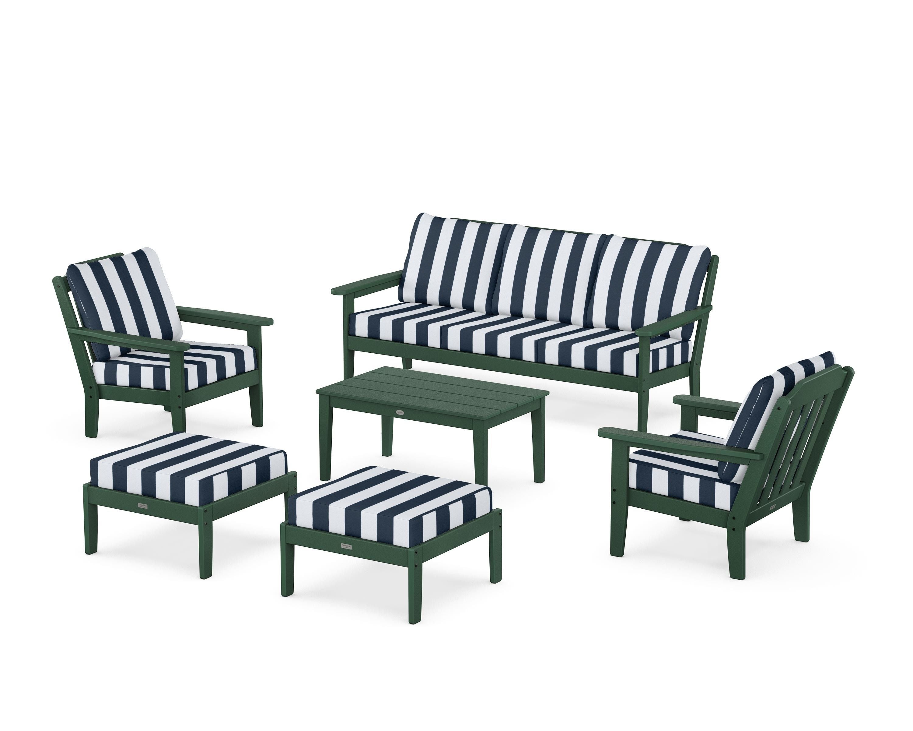 Country Living Cottage 6-Piece Lounge Sofa Set in Green / Cabana Stripe Marine Indigo