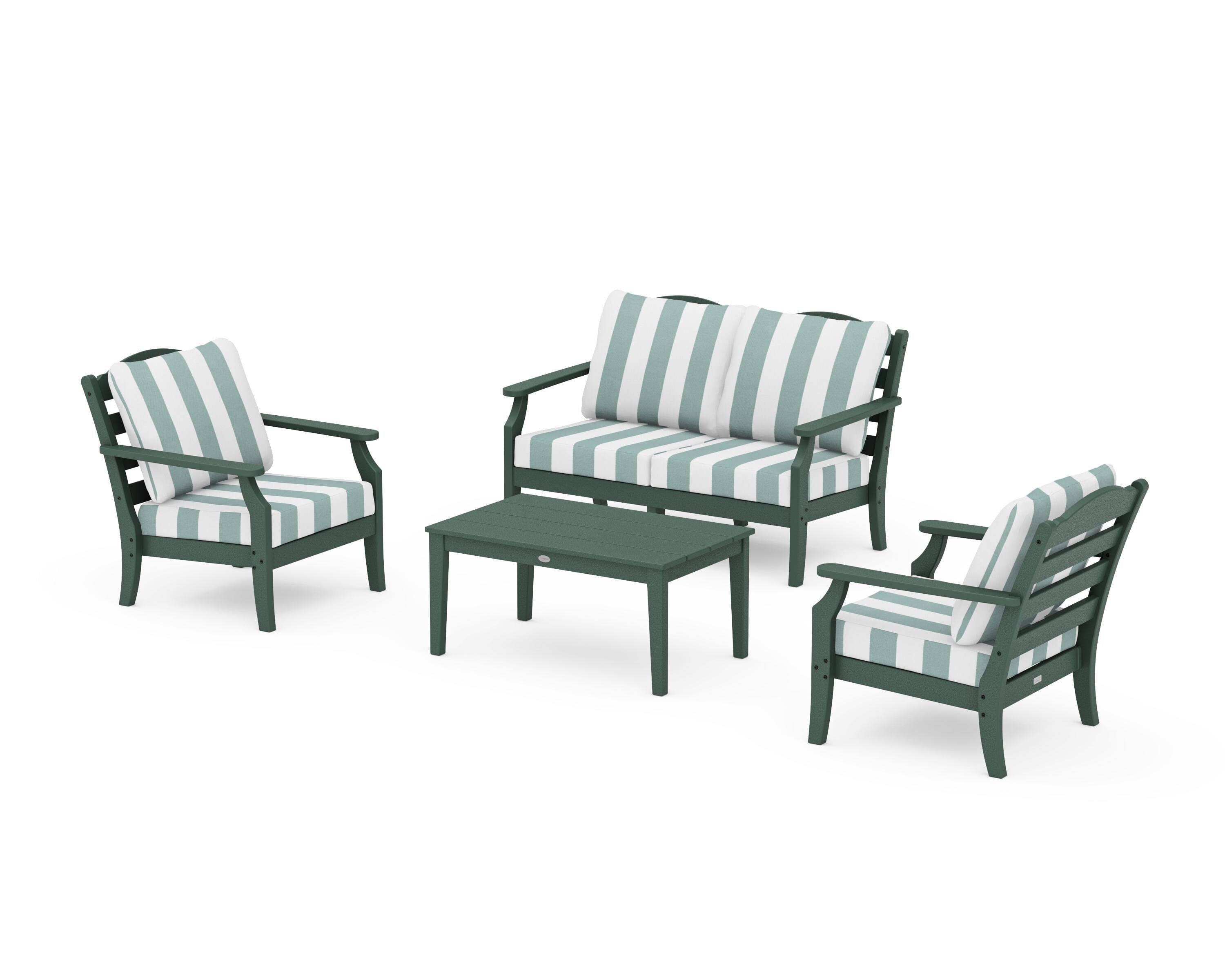 Draper James™ by POLYWOOD® Savannah 4-Piece Deep Seating Set with Loveseat in Green / Cabana Stripe Glacier Spa