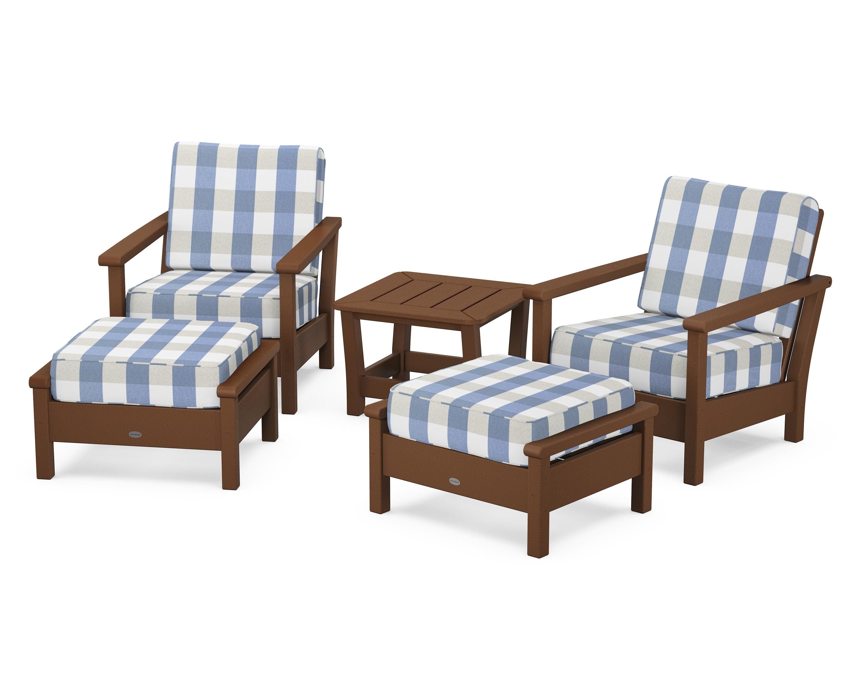 POLYWOOD® Harbour 5-Piece Deep Seating Chair Set in Teak / Buffalo Plaid Sky Blue