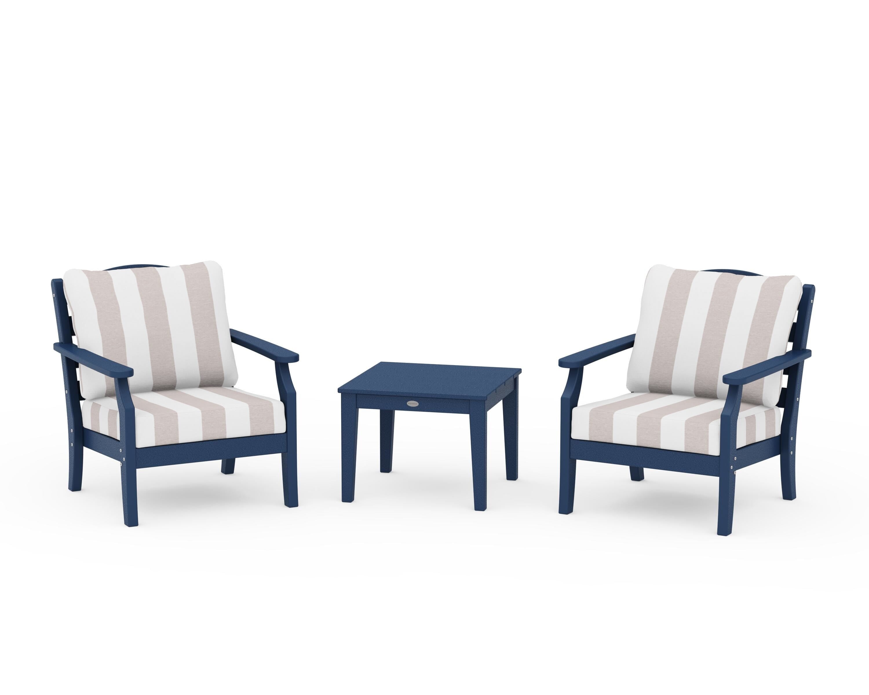 Draper James™ by POLYWOOD® Savannah 3-Piece Deep Seating Set in Navy / Cabana Stripe Dune Burlap