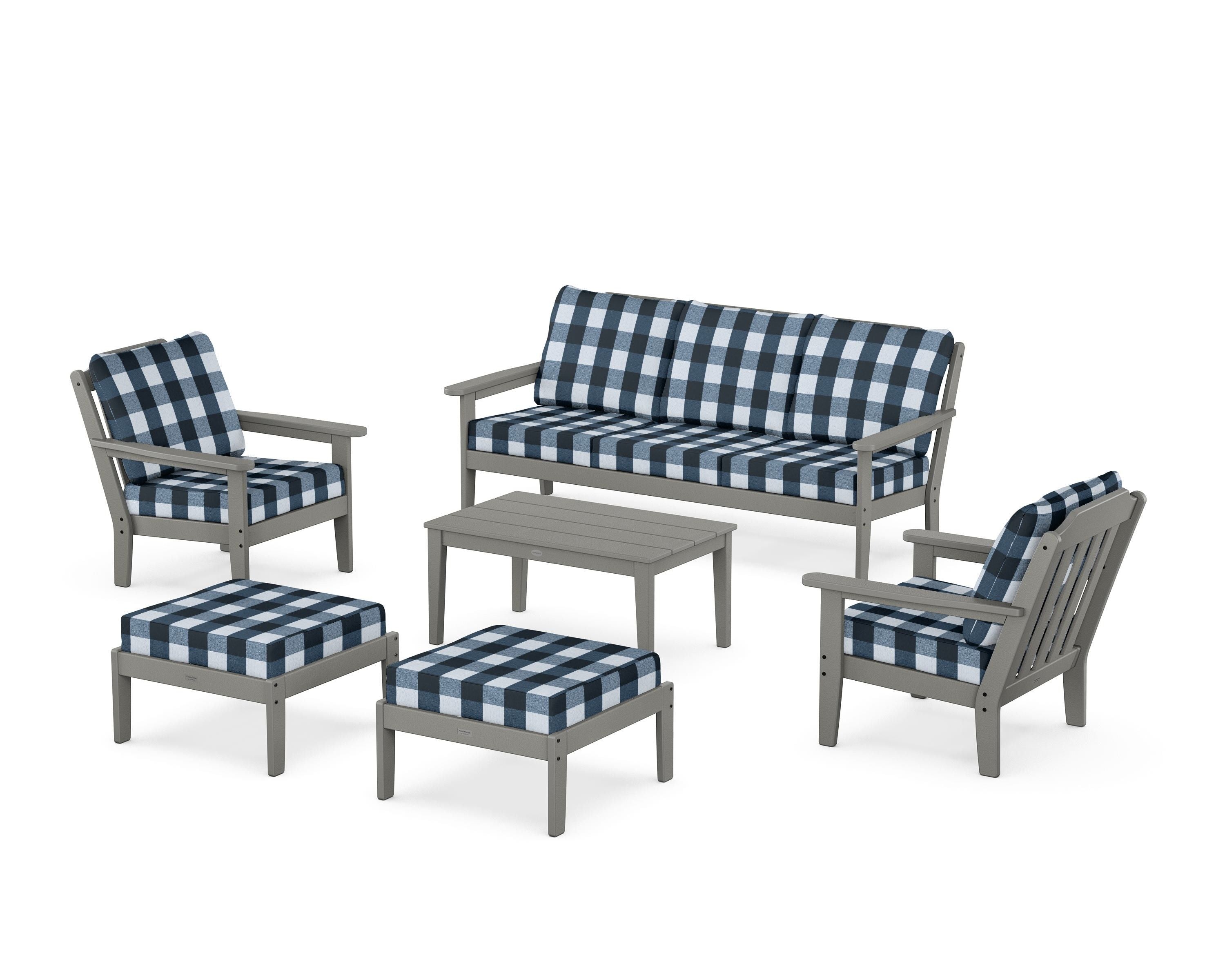 Country Living Cottage 6-Piece Lounge Sofa Set in Slate Grey / Buffalo Plaid Marine Indigo
