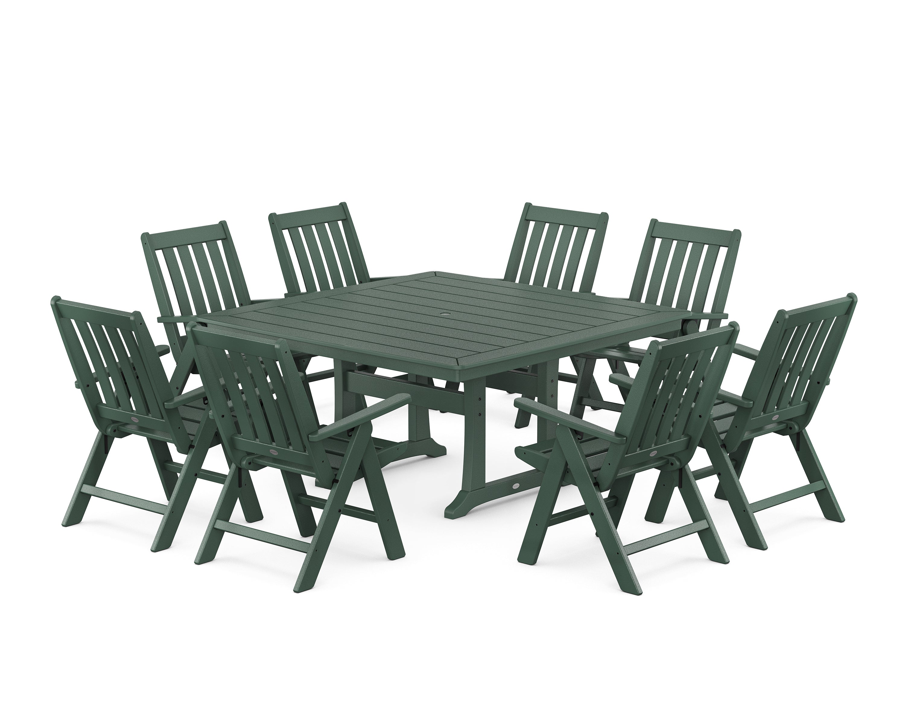 POLYWOOD® Vineyard Folding Chair 9-Piece Square Dining Set with Trestle Legs in Green