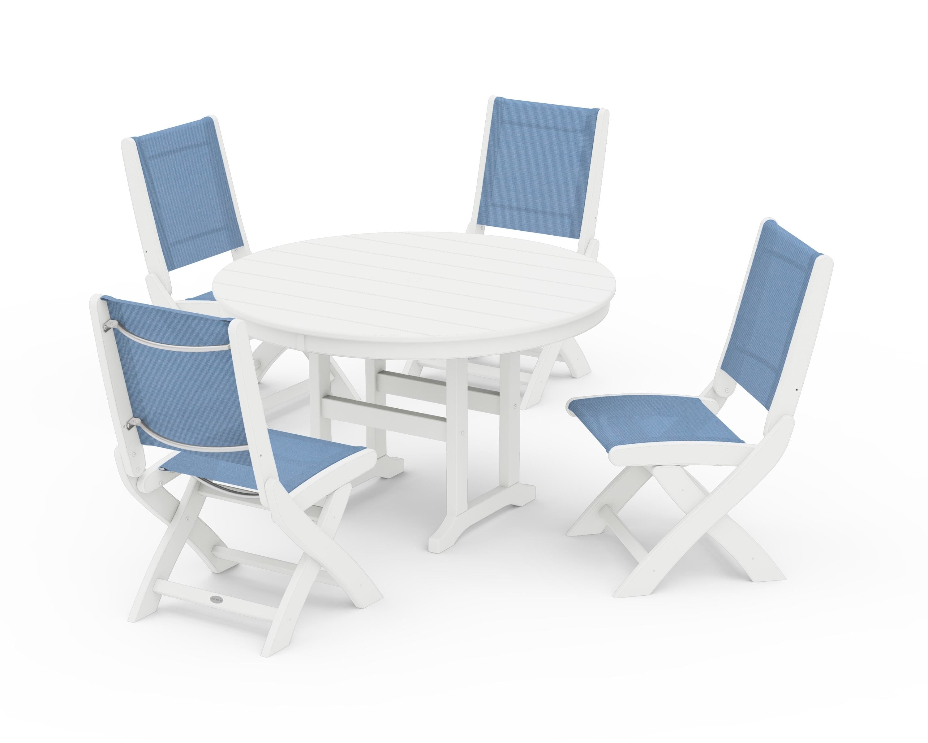 POLYWOOD® Coastal Folding Side Chair 5-Piece Round Dining Set in White / Poolside Sling