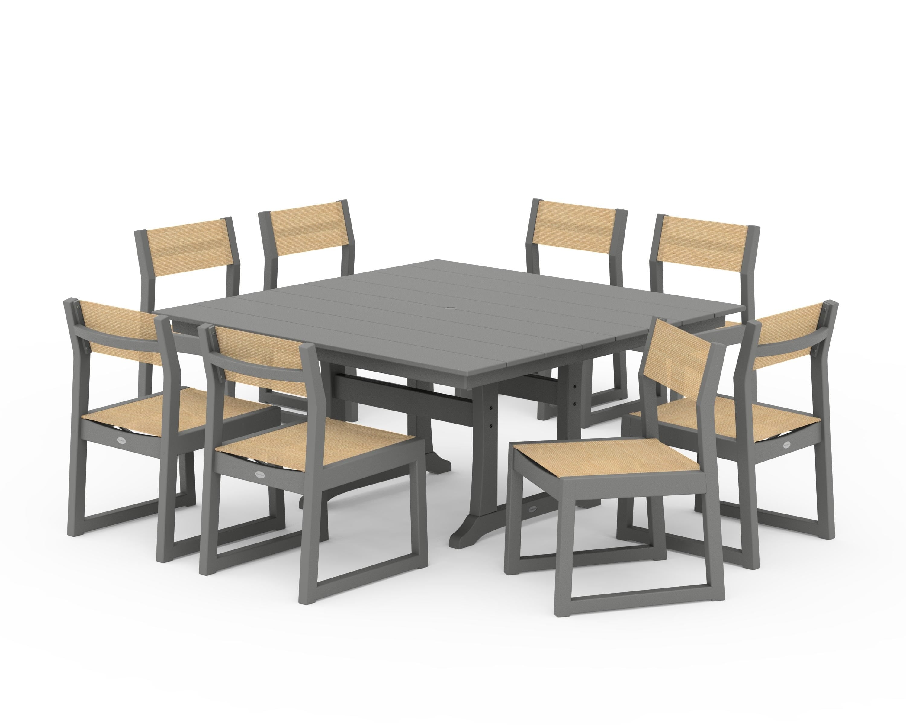 POLYWOOD® EDGE Sling Side Chair 9-Piece Farmhouse Trestle Dining Set in Slate Grey / Dupioni Apricot Sling