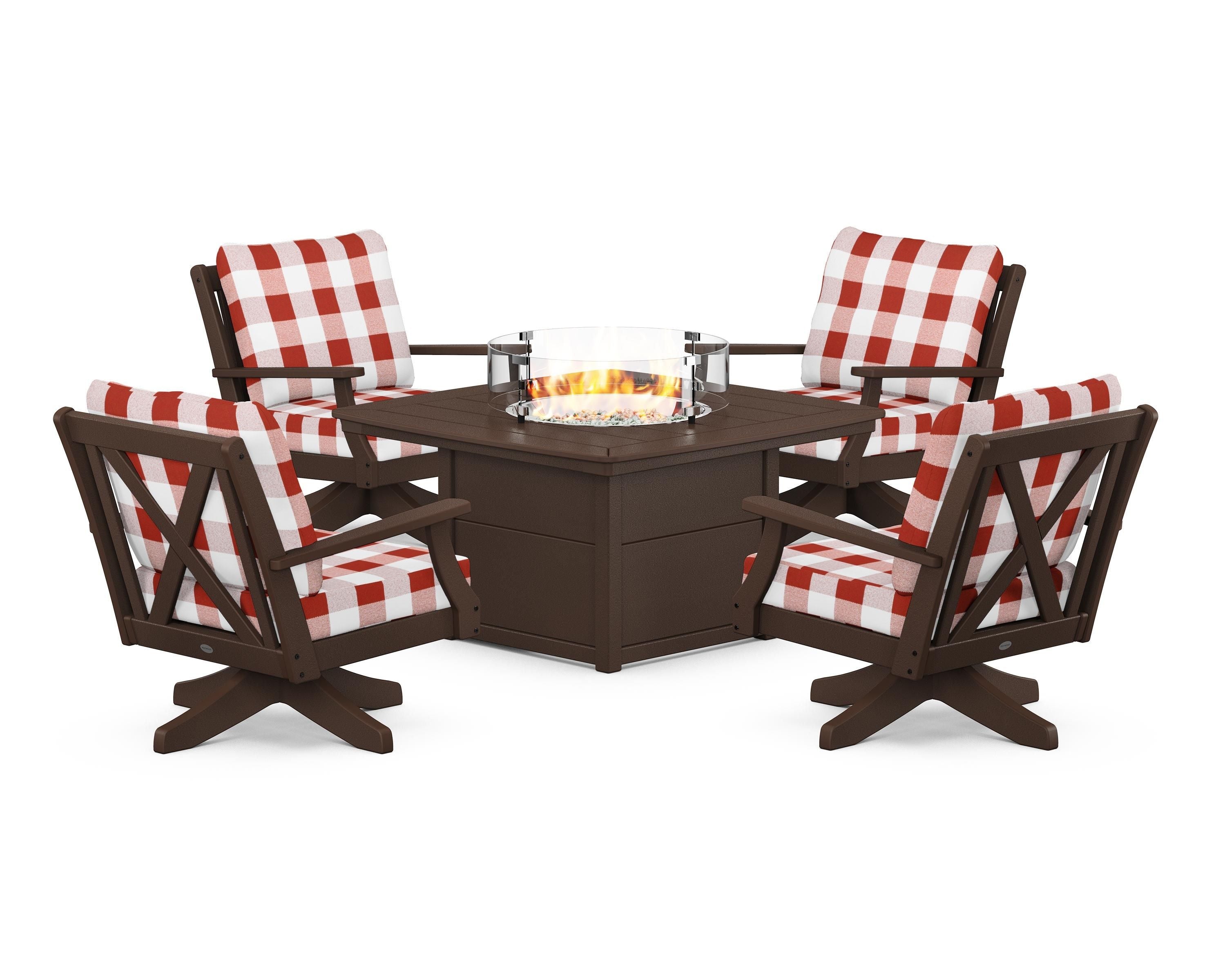 POLYWOOD® Braxton 5-Piece Deep Seating Swivel Conversation Set with Fire Pit Table in Mahogany / Buffalo Plaid Crimson