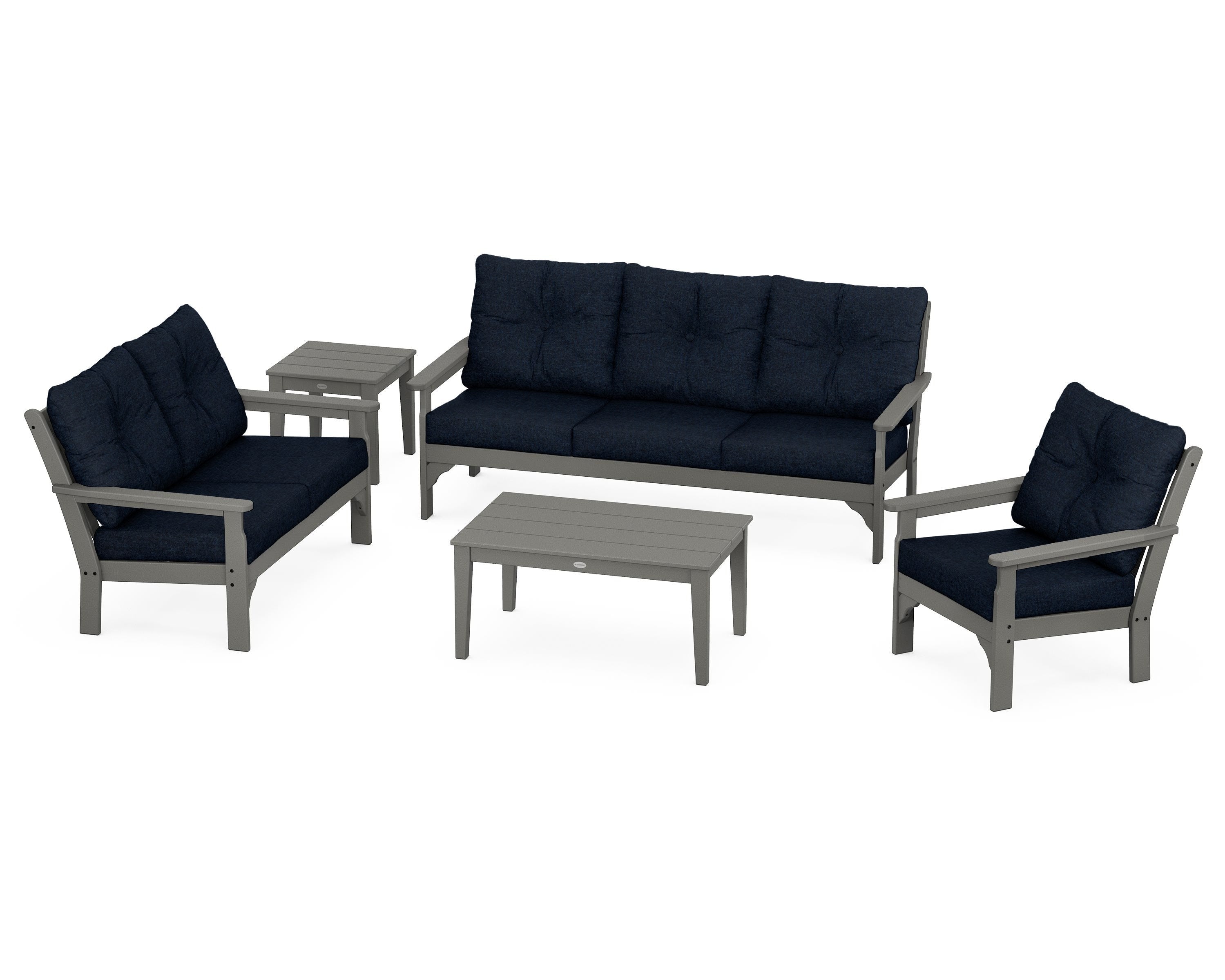 POLYWOOD® Vineyard 5 Piece Deep Seating Set in Slate Grey / Marine Indigo