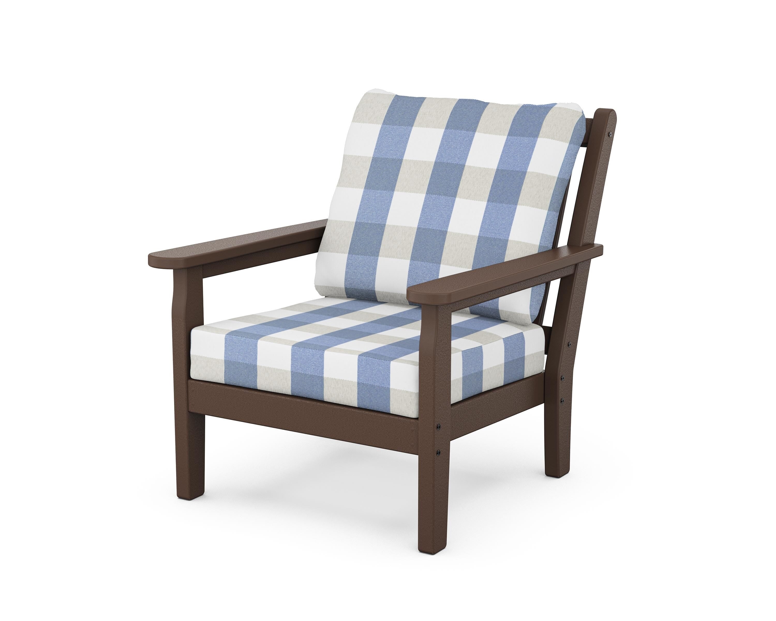 POLYWOOD® Chippendale Deep Seating Chair in Mahogany / Buffalo Plaid Sky Blue