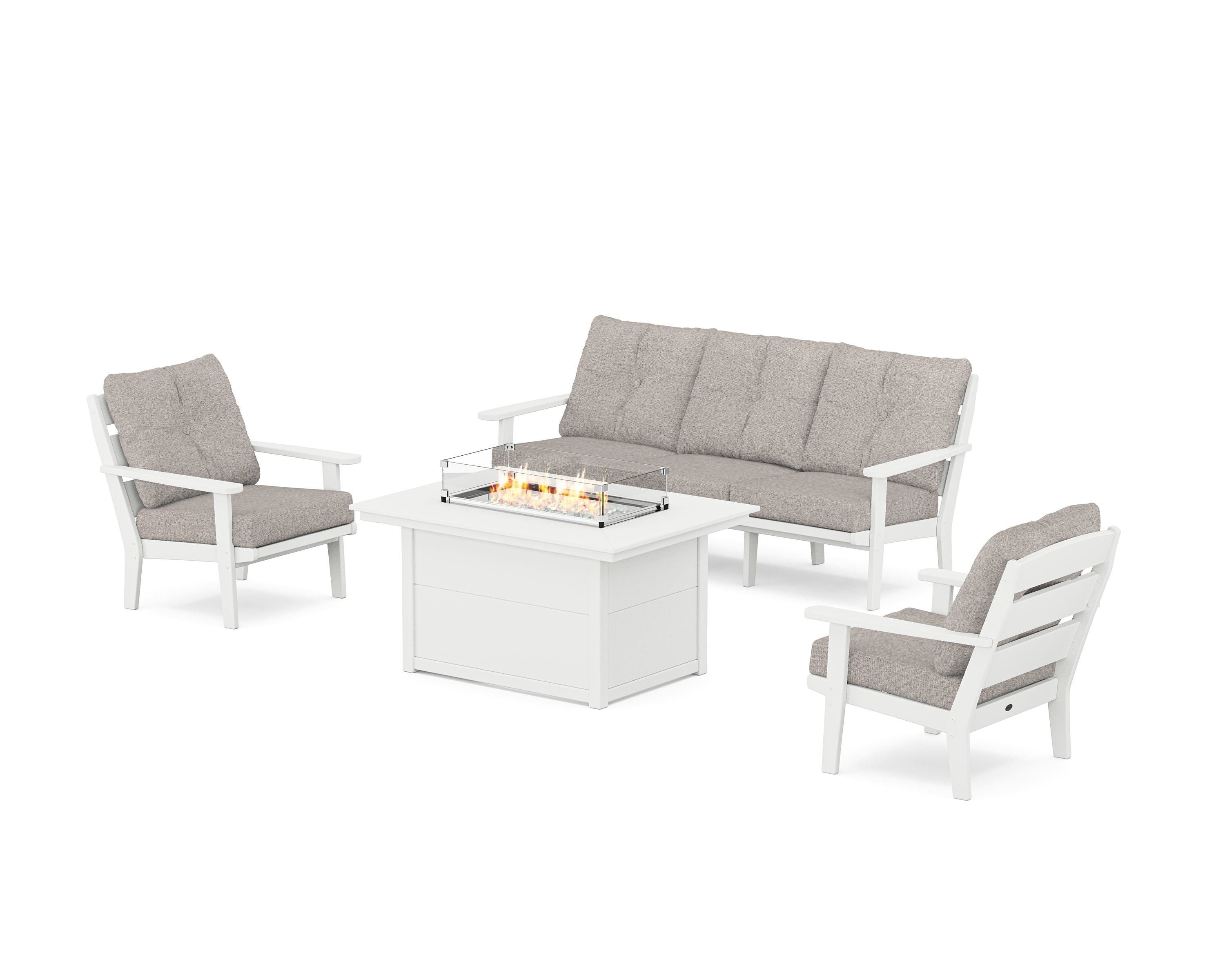 POLYWOOD® Lakeside Deep Seating Fire Pit Table Set in White / Weathered Tweed